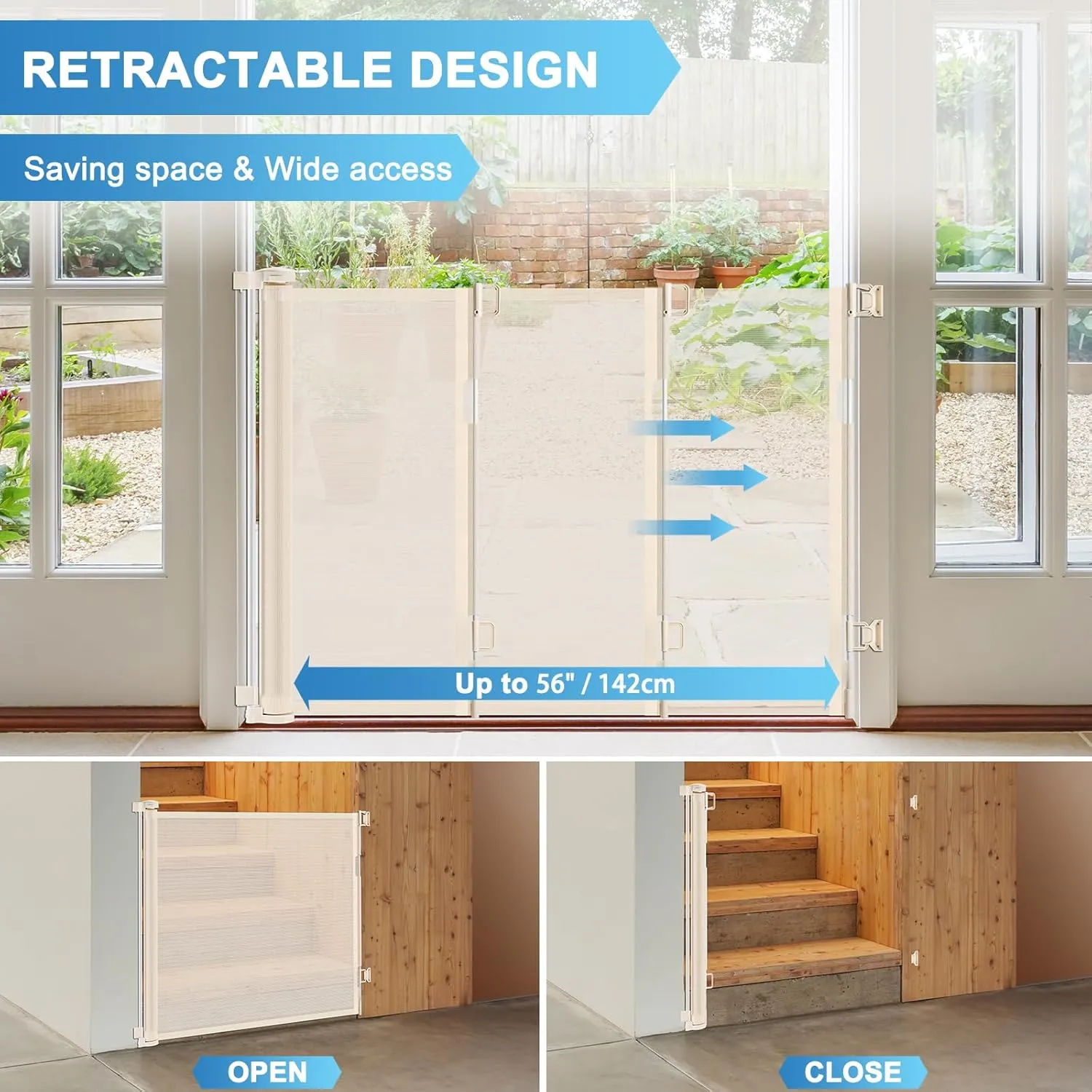 Retractable Baby Gates for Doorways, Extends Up to 56" Wide Retractable Pet Gate, Retractable Dog Gate for The House, Child Gate Mesh Baby Gate for Stairs, Doorways, Hallways, Porch, Deck, Beige