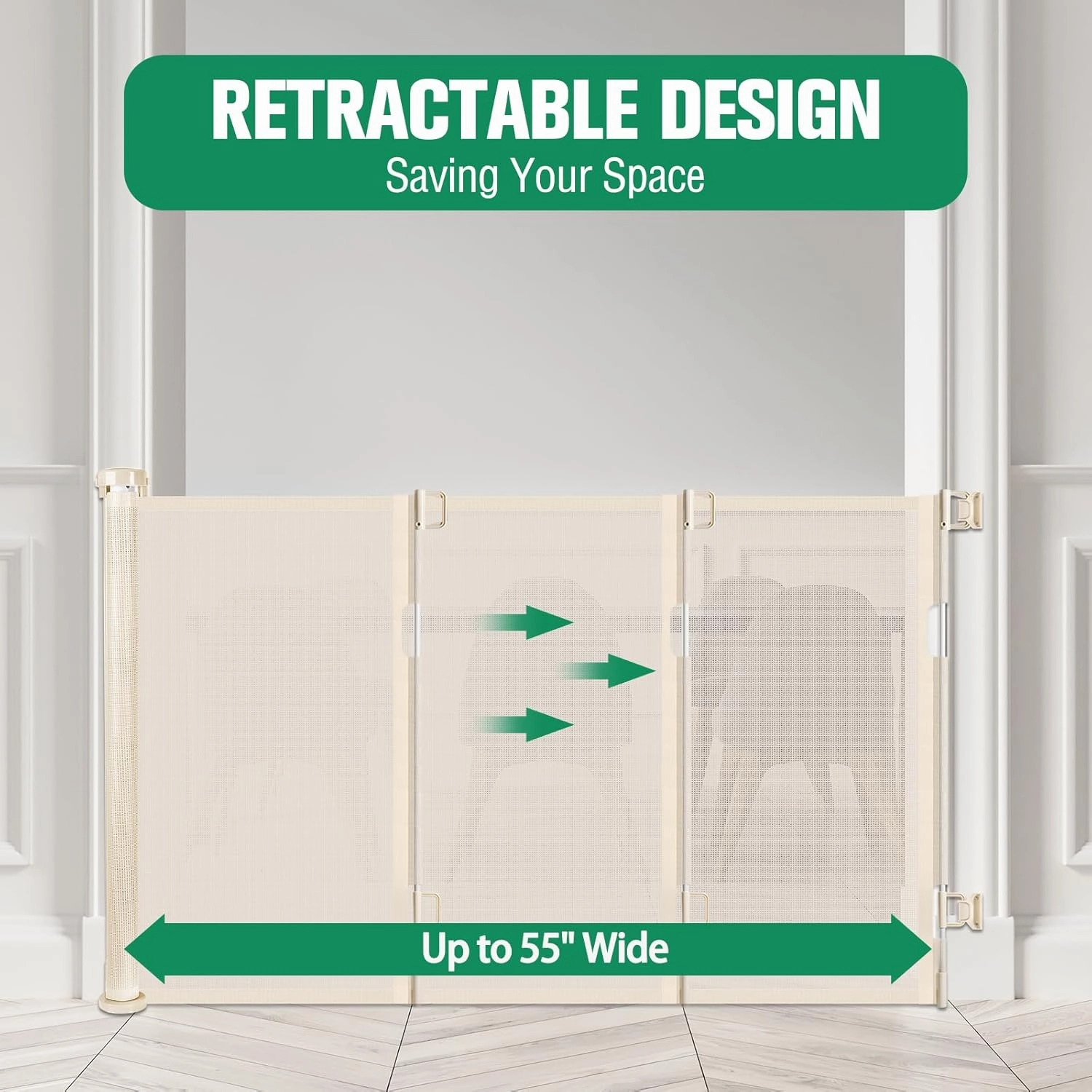 Retractable Baby & Dog Gate - Extends Up to 55" Wide Mesh Gate for Indoor & Outdoor Use, Beige