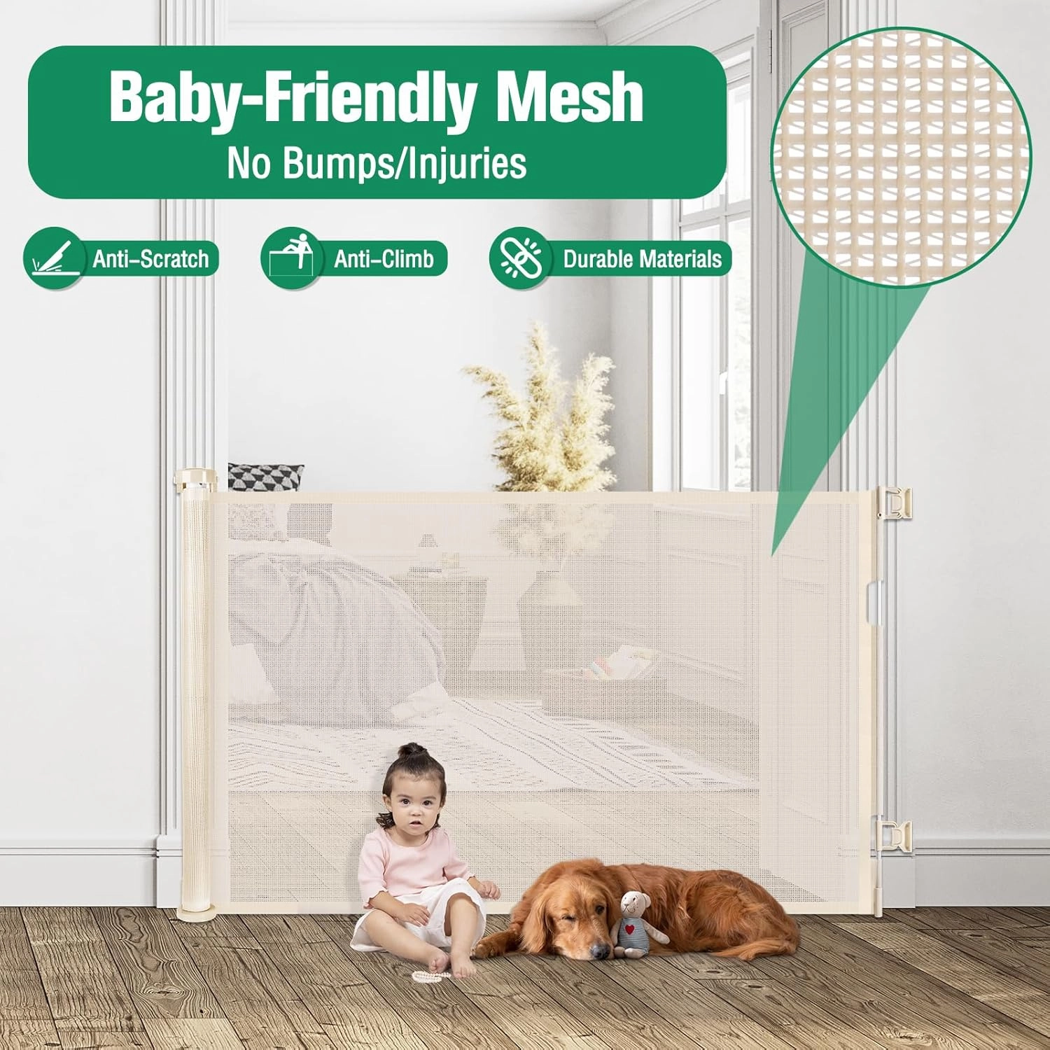 Retractable Baby & Dog Gate - Extends Up to 55" Wide Mesh Gate for Indoor & Outdoor Use, Beige