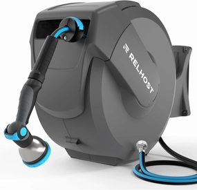 Retractable Garden Hose Reel 100 ft x 1/2 in, Heavy Duty Hose Reel Wall Mount with Any Length Lock, Auto Rewind System, 180° Swivel Bracket, 10-Pattern Garden Hose Nozzle, Dark Grey
