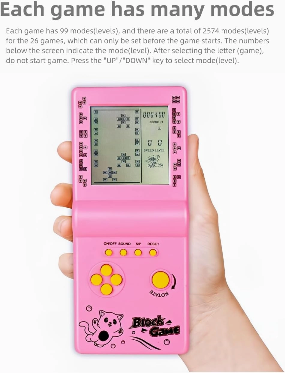 Retro Classic Block Game Console Multiple Games Adjustable Level/Speed Handheld Porable Console Brick Game/Racing/Tank Battle Puzzle Game Electronic Toys Children/Friends (Pink)