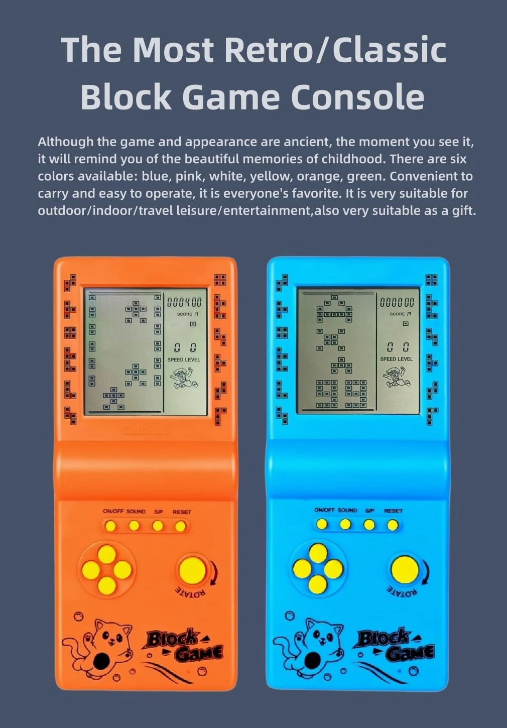 Retro Classic Block Game Console Multiple Games Adjustable Level/Speed Handheld Porable Console Brick Game/Racing/Tank Battle Puzzle Game Electronic Toys Children/Friends (Pink)