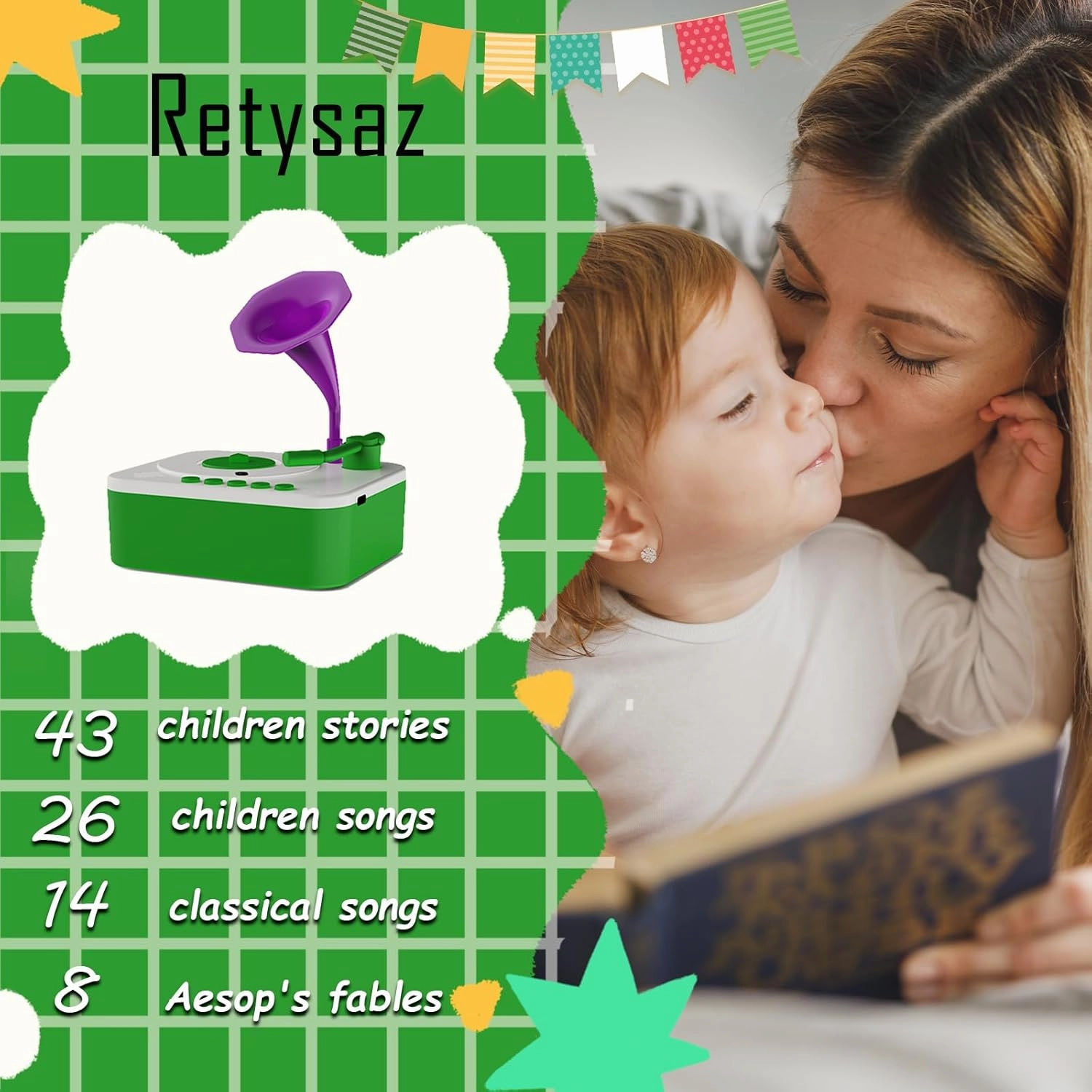 Retysaz Kids Phonograph with 96 Cards, Story Music Player Kids 3-6 Musical Sensory Toy boy Girl,Toddler Audio Pre-Kindergarten Toy Early Childhood Education Present Birthday Green