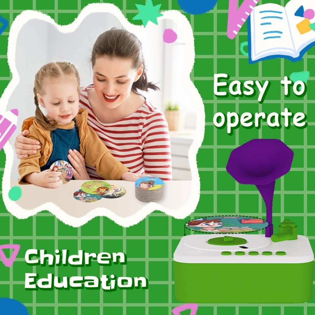 Retysaz Kids Phonograph with 96 Cards, Story Music Player Kids 3-6 Musical Sensory Toy boy Girl,Toddler Audio Pre-Kindergarten Toy Early Childhood Education Present Birthday Green
