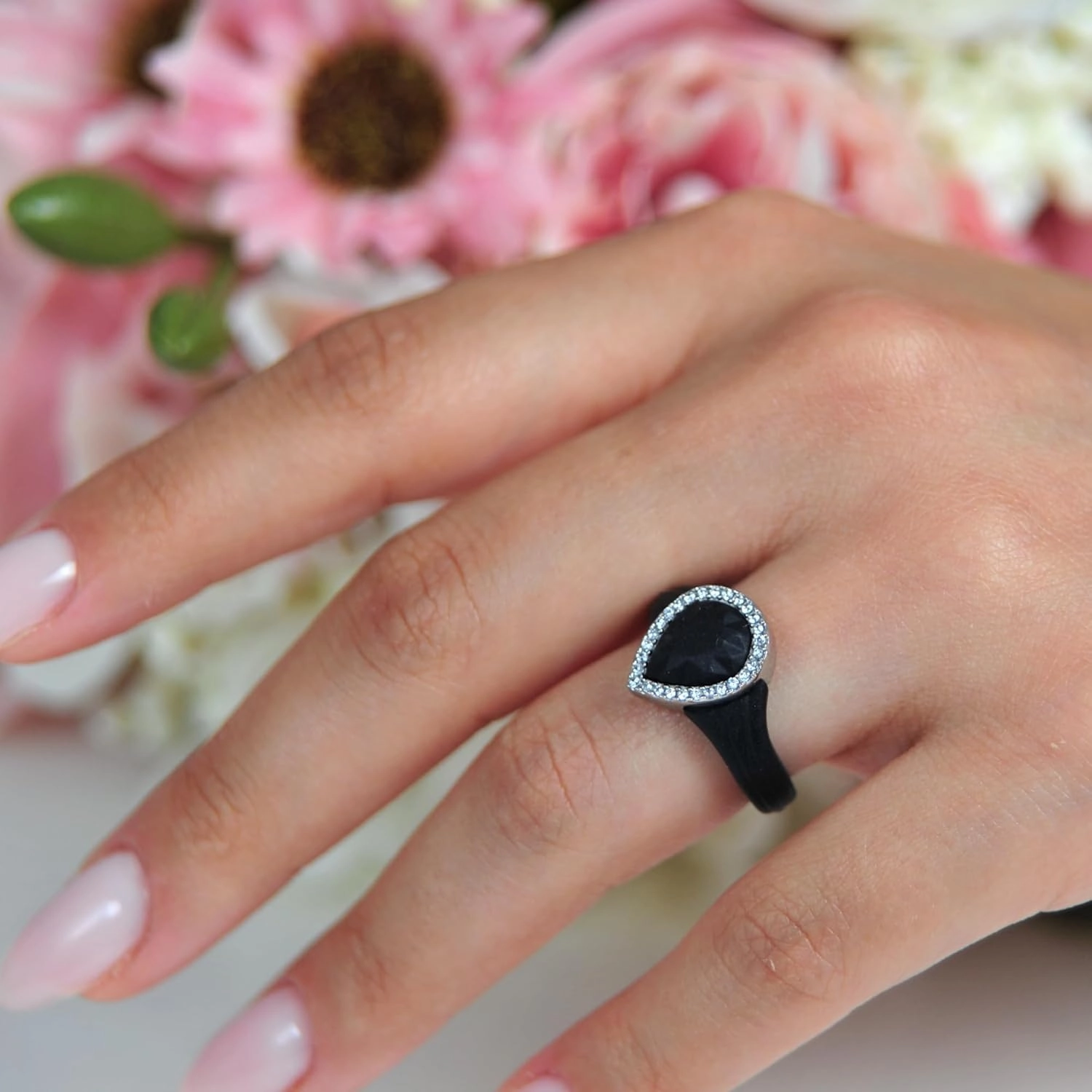 Rinfit Womens Silicone Wedding Ring - Anniversary Ring Women - Promise Rings for Her with Pear Metal Frame & Cubic Zirconia Stones - Patented Design