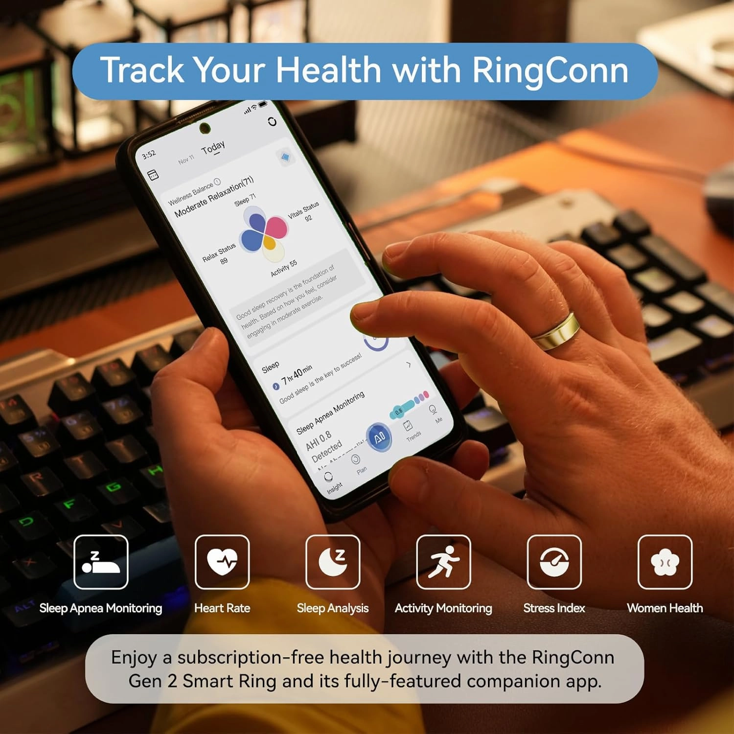 RingConn Gen 2, World’s First Smart Ring with Sleep Apnea Monitoring, No APP Subscription, 12-Day Battery Life, Stress/Heart Rate/Women's Health Tracker, Android & iOS Compatible (Gold, Size 7)