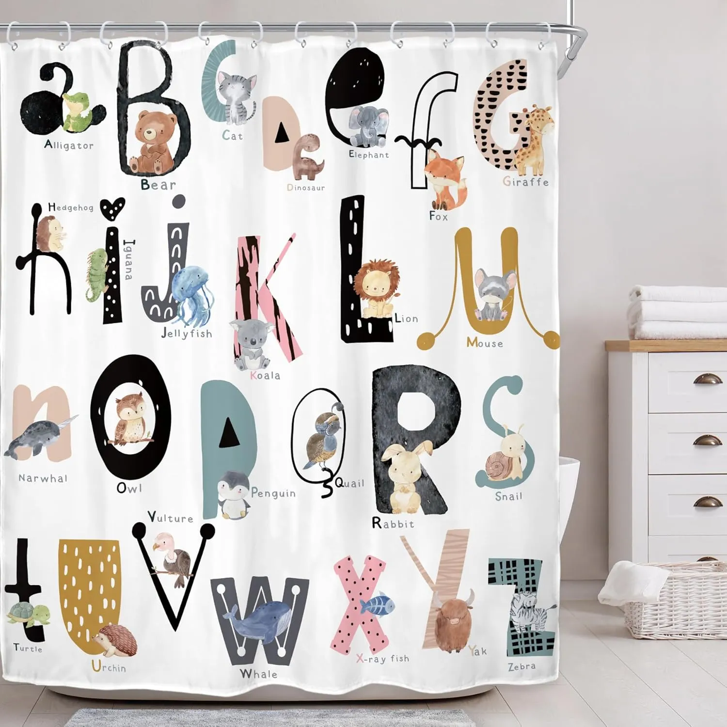 Riyidecor Kids ABC Learning Alphabet Shower Curtain for Bathroom Decor 60Wx72H Educational Study Boys Baby Children Funny Large A to Z Art Printed Fabric Polyester Waterproof 12 Pack Plastic Hooks