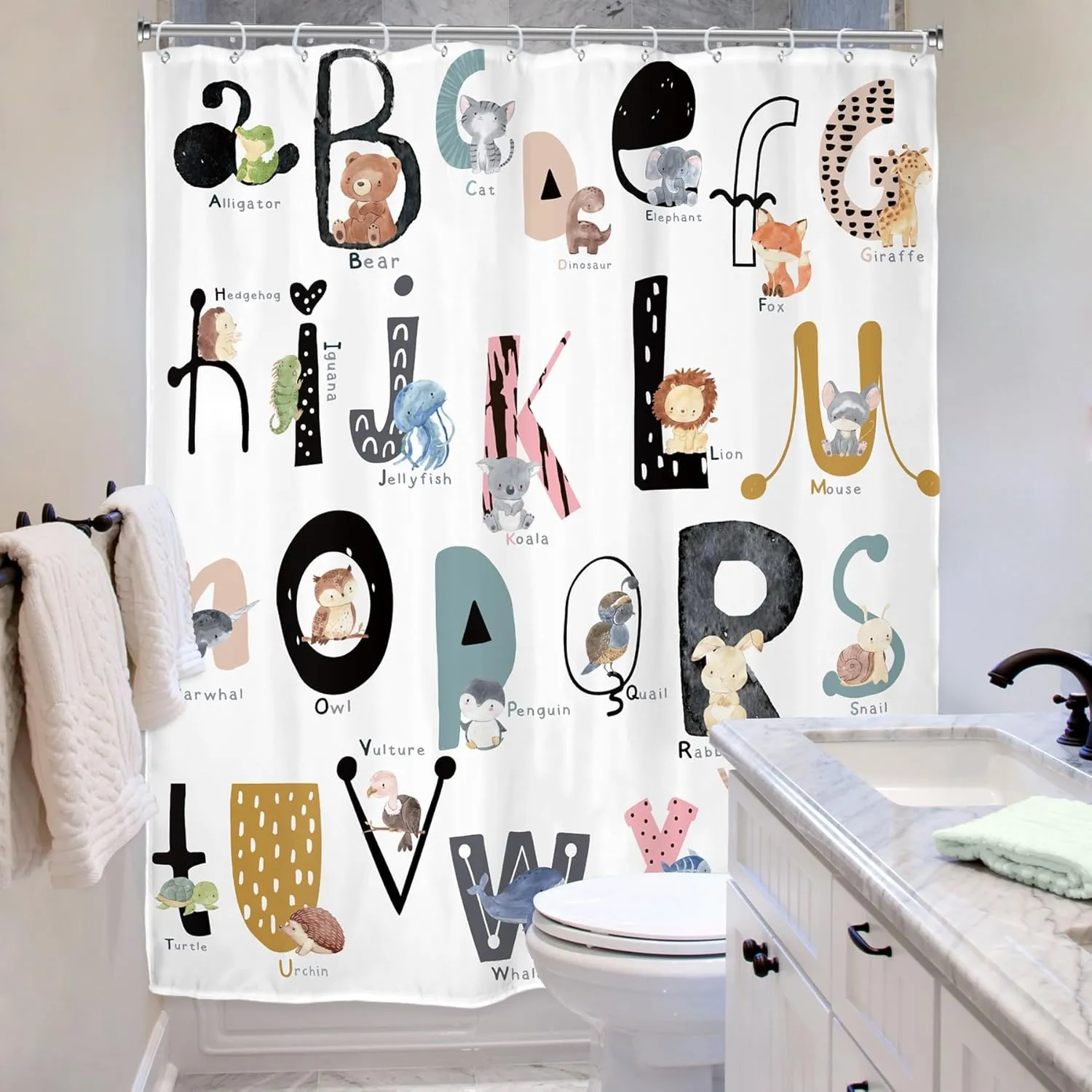 Riyidecor Kids ABC Learning Alphabet Shower Curtain for Bathroom Decor 60Wx72H Educational Study Boys Baby Children Funny Large A to Z Art Printed Fabric Polyester Waterproof 12 Pack Plastic Hooks