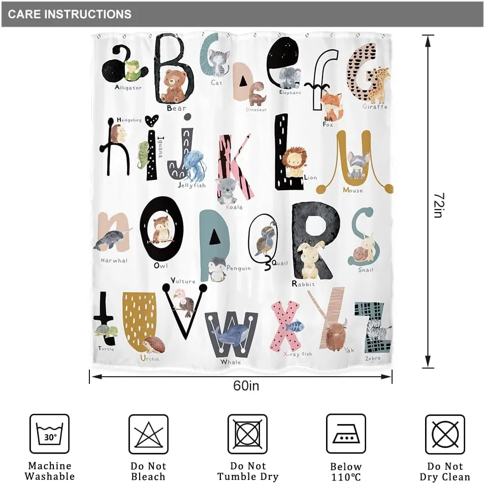Riyidecor Kids ABC Learning Alphabet Shower Curtain for Bathroom Decor 60Wx72H Educational Study Boys Baby Children Funny Large A to Z Art Printed Fabric Polyester Waterproof 12 Pack Plastic Hooks
