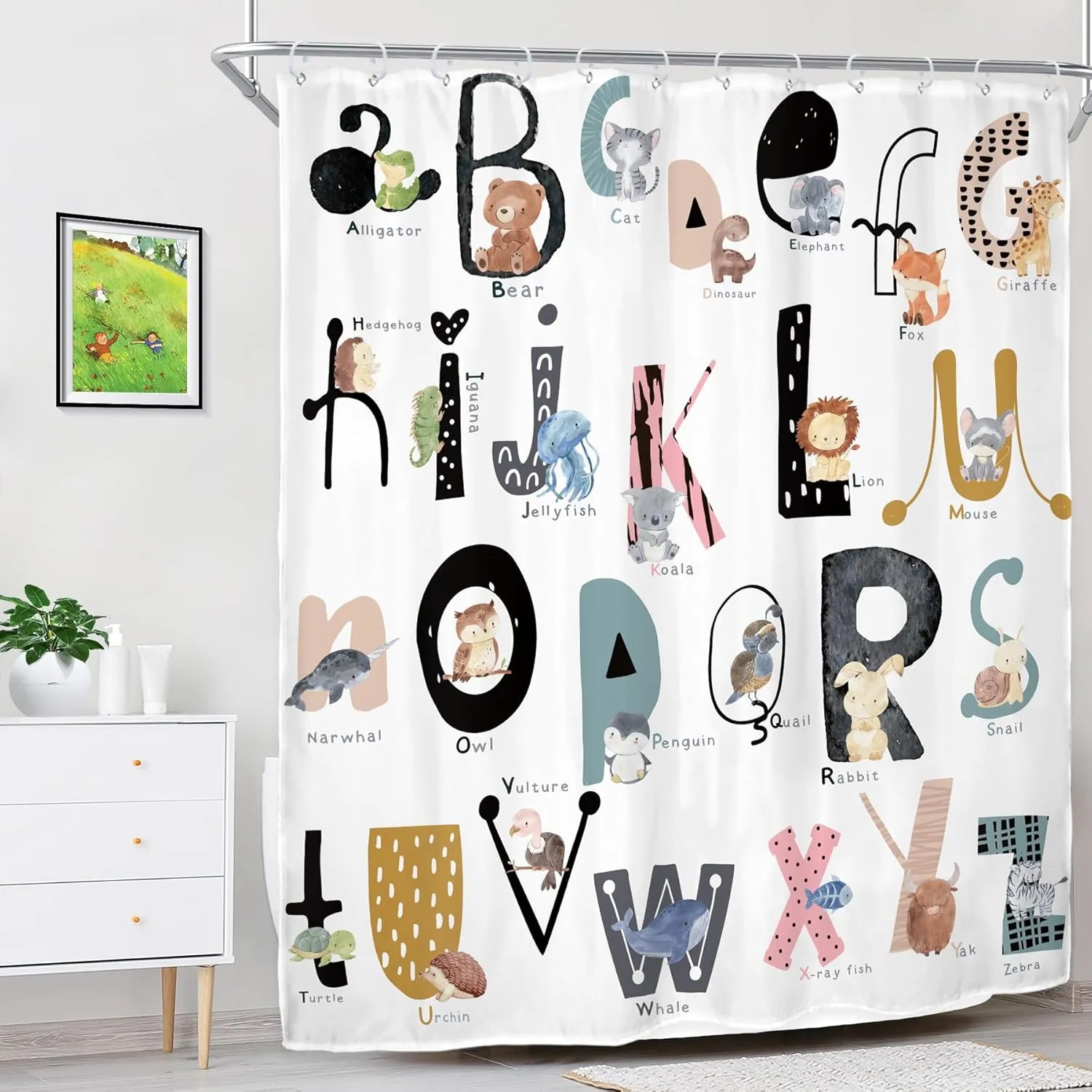 Riyidecor Kids ABC Learning Alphabet Shower Curtain for Bathroom Decor 60Wx72H Educational Study Boys Baby Children Funny Large A to Z Art Printed Fabric Polyester Waterproof 12 Pack Plastic Hooks
