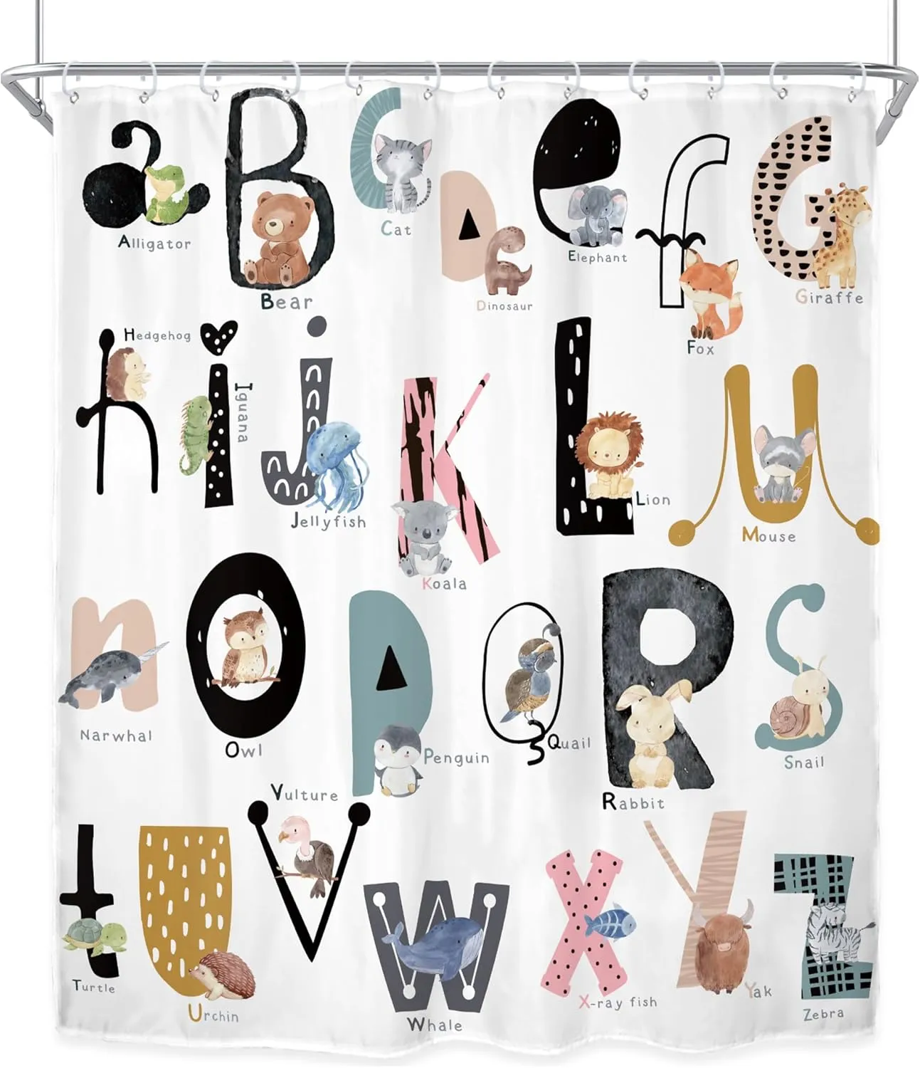 Riyidecor Kids ABC Learning Alphabet Shower Curtain for Bathroom Decor 60Wx72H Educational Study Boys Baby Children Funny Large A to Z Art Printed Fabric Polyester Waterproof 12 Pack Plastic Hooks