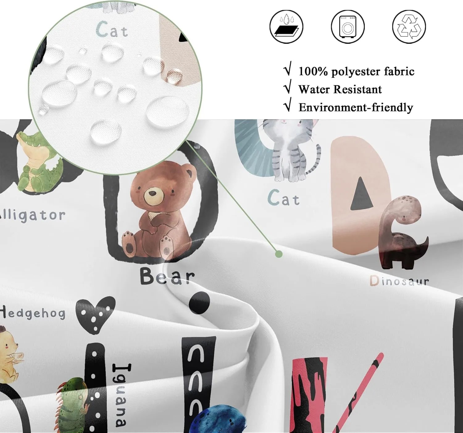 Riyidecor Kids ABC Learning Alphabet Shower Curtain for Bathroom Decor 60Wx72H Educational Study Boys Baby Children Funny Large A to Z Art Printed Fabric Polyester Waterproof 12 Pack Plastic Hooks
