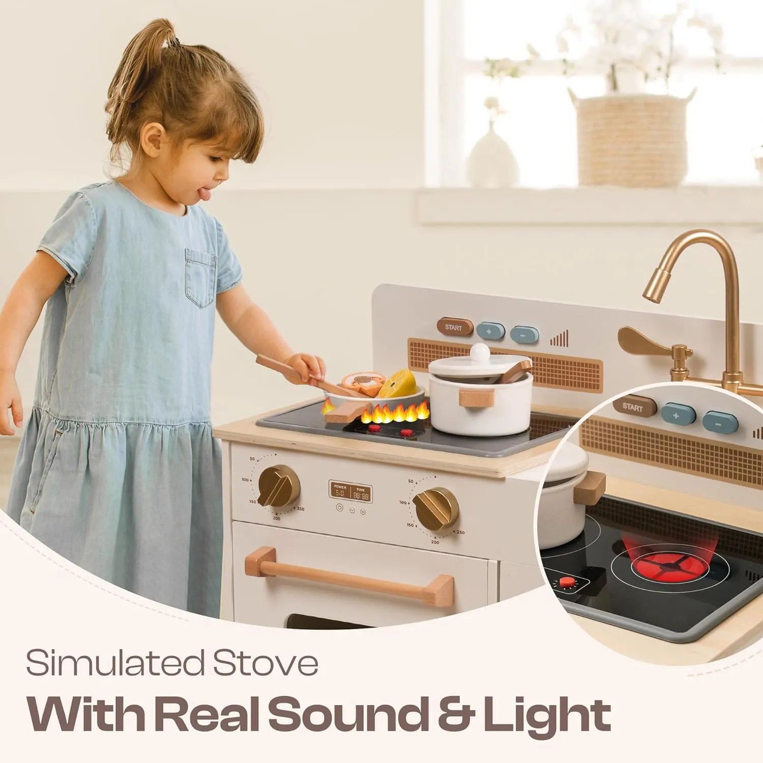 ROBOTIME Play Kitchen for Toddlers, Wooden Kids Play Kitchen Playset with Real Lights & Sounds/Ice Cube Dispenser, Pretend Play Toy Kitchen, Gift for Ages 3  (White)