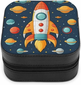 Rocket Clipart Space Ship Jewelry Box with Zipper Portable PU Leather Jewelry Case Travel Jewelry Box Organizer Display Storage Case for Rings Earrings Necklace Gifts