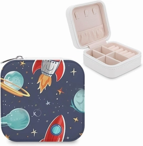 Rocket Clipart Space Ship Small Jewelry Box with Zipper Closure, Leather Ring Storage Box, Portable Travel Jewelry Organizer for Necklace, Earrings, Ring, Bracelet