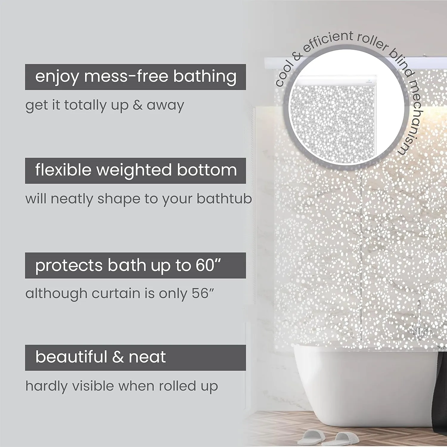 Rollup Shower Curtain for Bathroom. Waterproof, 100% PEVA, Heavy Duty Shower Roller Blind Curtain for Bathtub. No Rods, No Hooks, No Rings! (56"x95") (Sparkle)