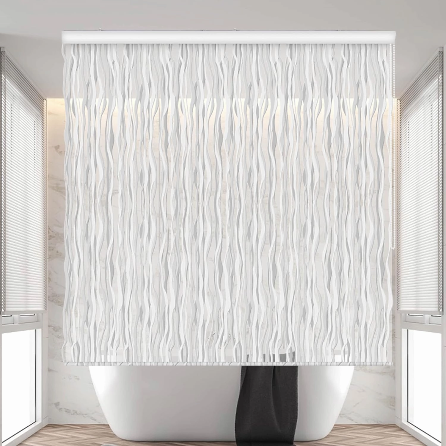 Rollup Shower Curtain for Bathroom. Waterproof, 100% PEVA, Heavy Duty Ceiling Mounted Shower Curtain Roller Blind for Bathtub. No Rods, No Hooks, No Rings! (56"x95") (Wave)