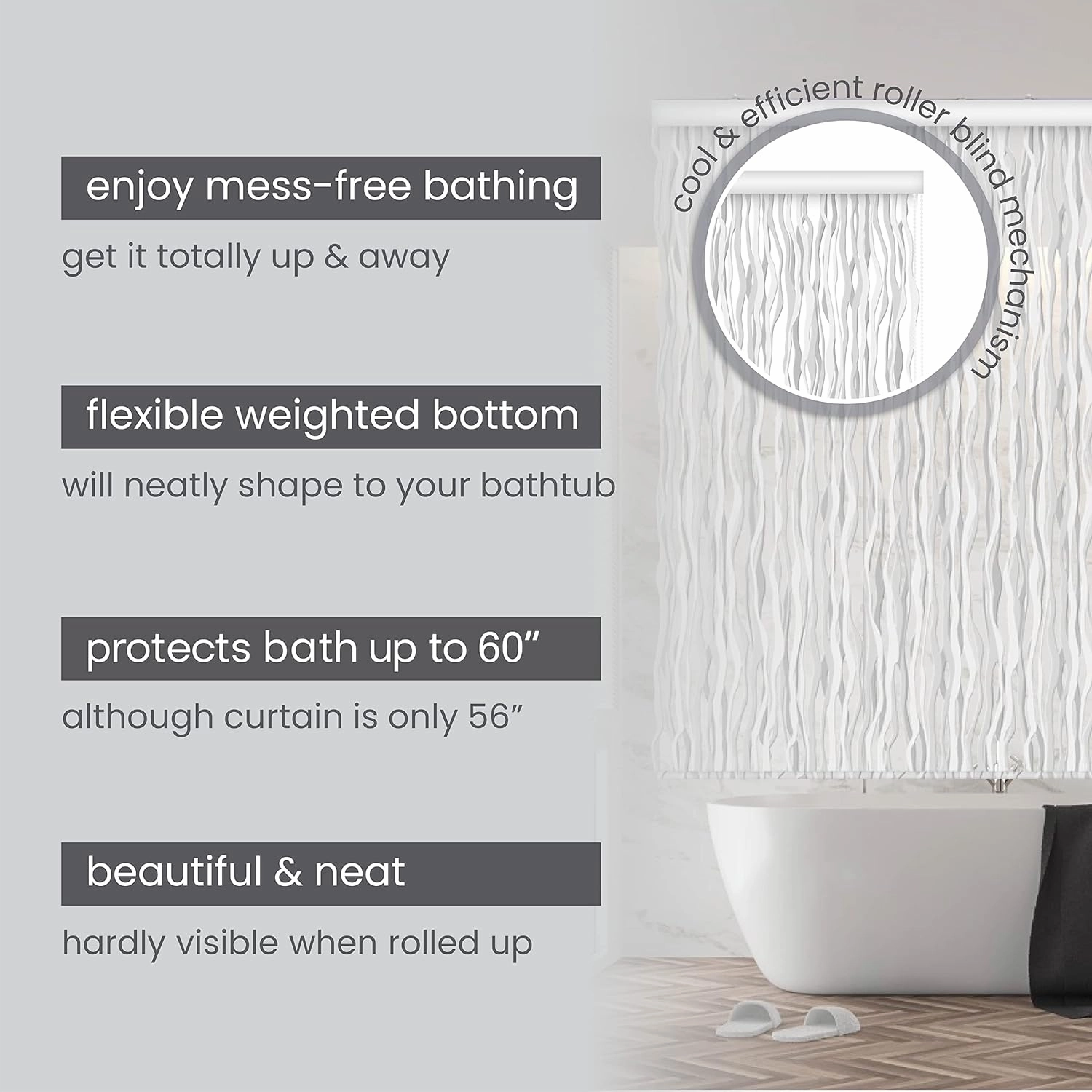 Rollup Shower Curtain for Bathroom. Waterproof, 100% PEVA, Heavy Duty Ceiling Mounted Shower Curtain Roller Blind for Bathtub. No Rods, No Hooks, No Rings! (56"x95") (Wave)