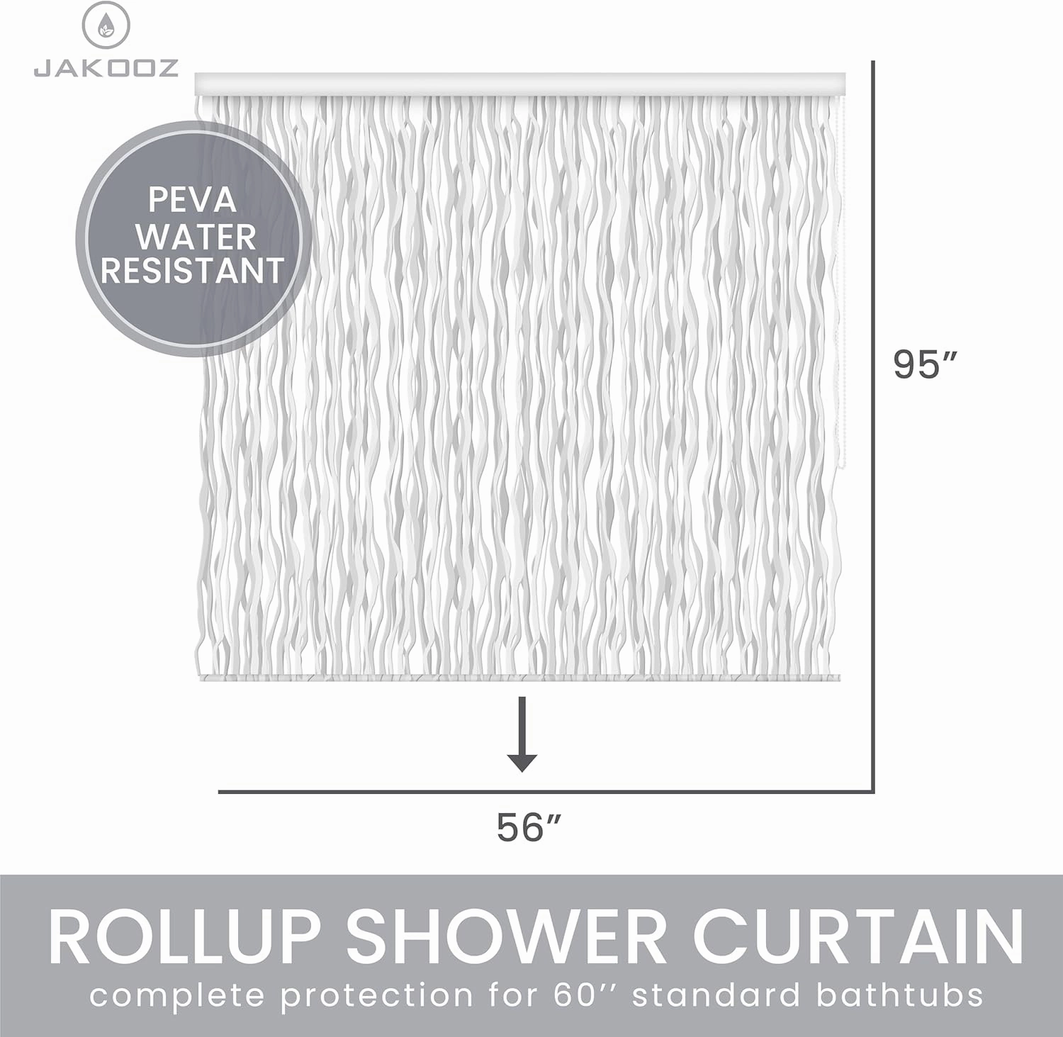 Rollup Shower Curtain for Bathroom. Waterproof, 100% PEVA, Heavy Duty Ceiling Mounted Shower Curtain Roller Blind for Bathtub. No Rods, No Hooks, No Rings! (56"x95") (Wave)