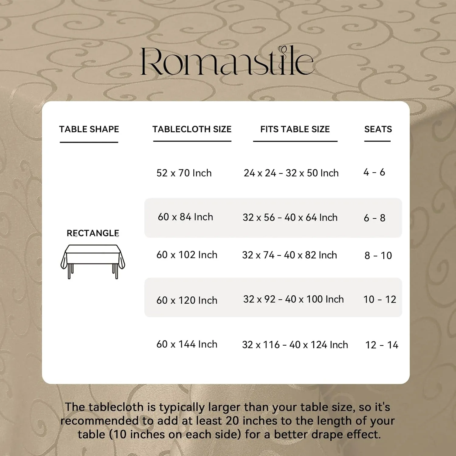 Romanstile Jacquard Rectangle Tablecloth, Waterproof Damask Curly Floral Pattern Table Cloth, Washable Decorative Polyester Table Cover for Kitchen/Dining/Parties - Champagne, 52 x 70 Inch