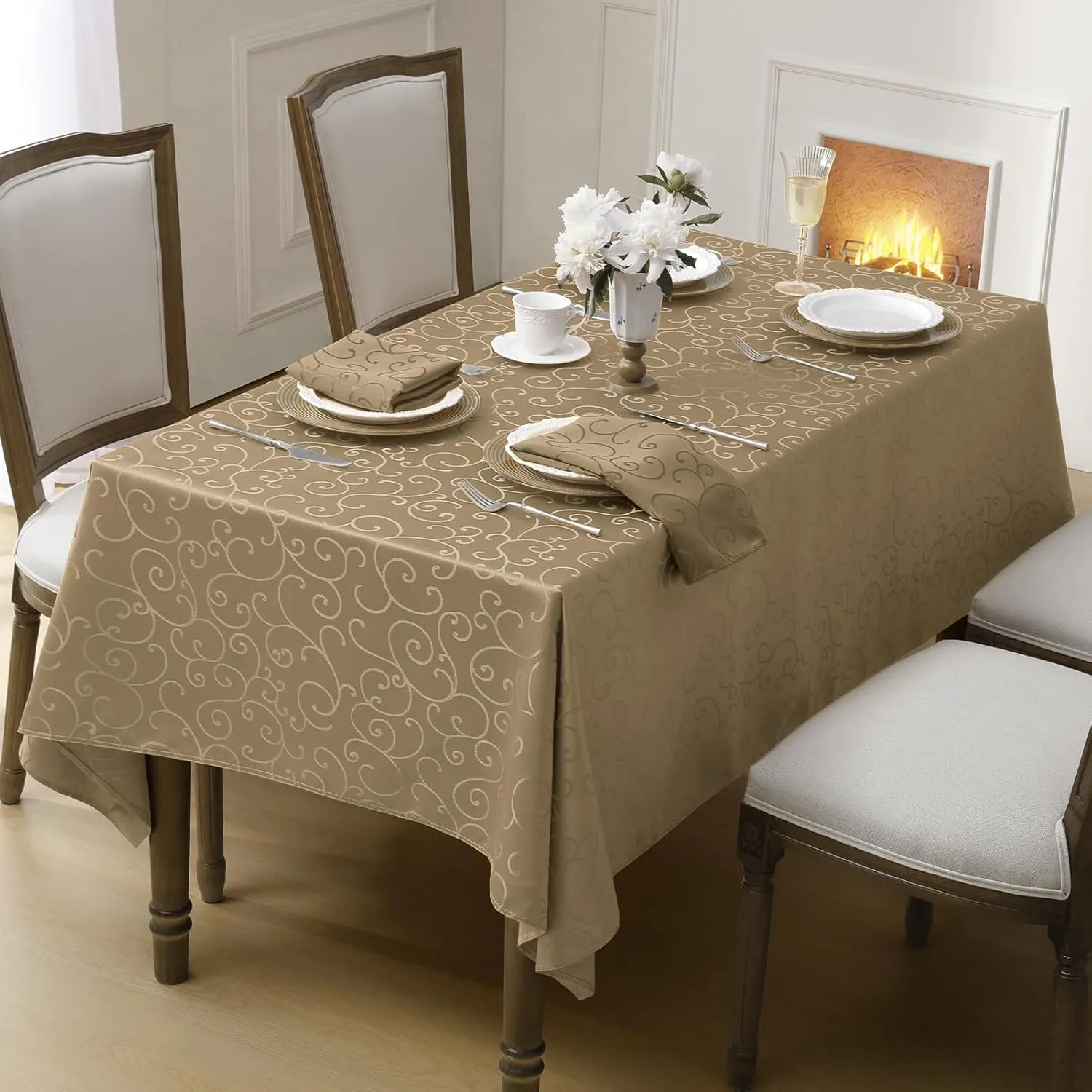 Romanstile Jacquard Rectangle Tablecloth, Waterproof Damask Curly Floral Pattern Table Cloth, Washable Decorative Polyester Table Cover for Kitchen/Dining/Parties - Champagne, 52 x 70 Inch