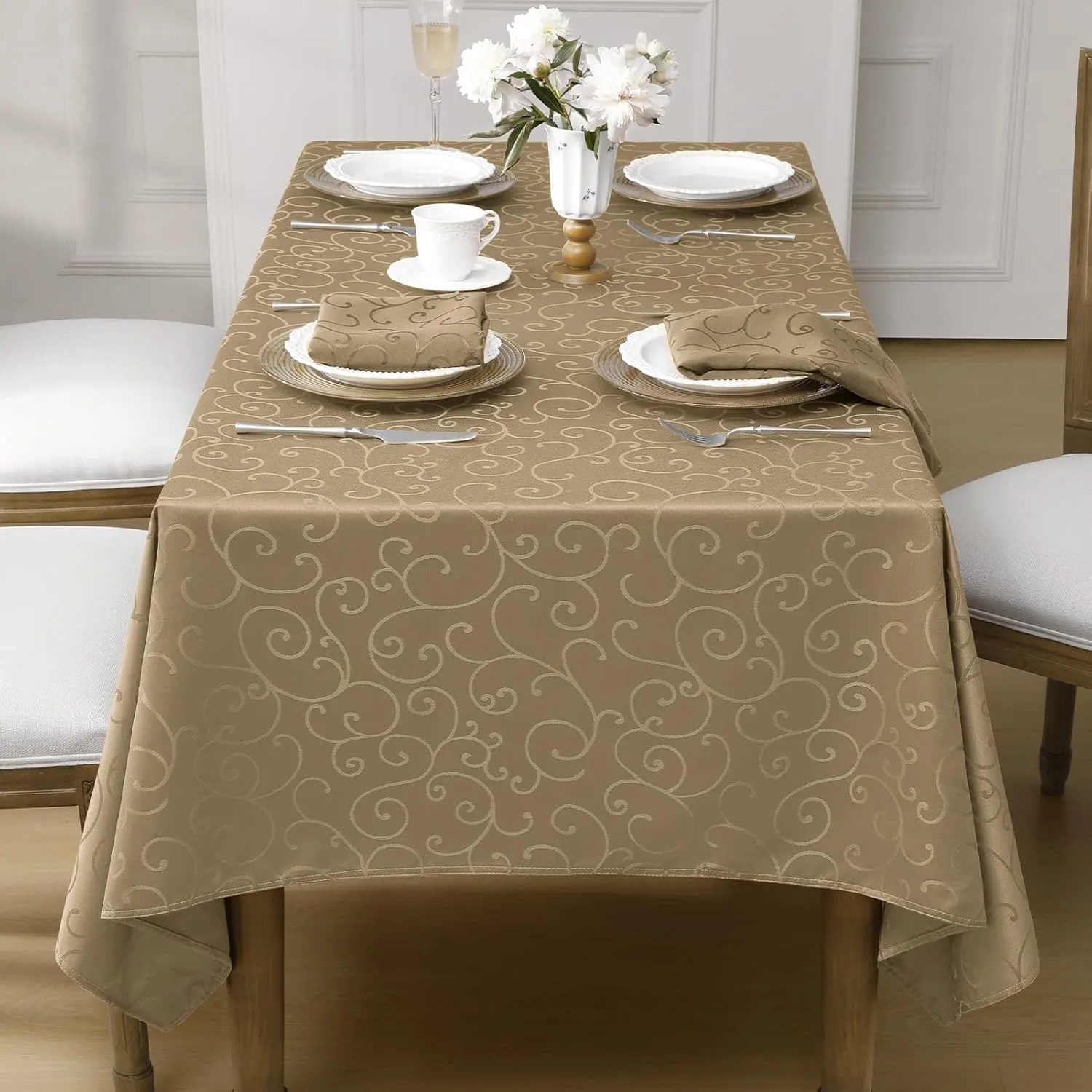 Romanstile Jacquard Rectangle Tablecloth, Waterproof Damask Curly Floral Pattern Table Cloth, Washable Decorative Polyester Table Cover for Kitchen/Dining/Parties - Champagne, 52 x 70 Inch