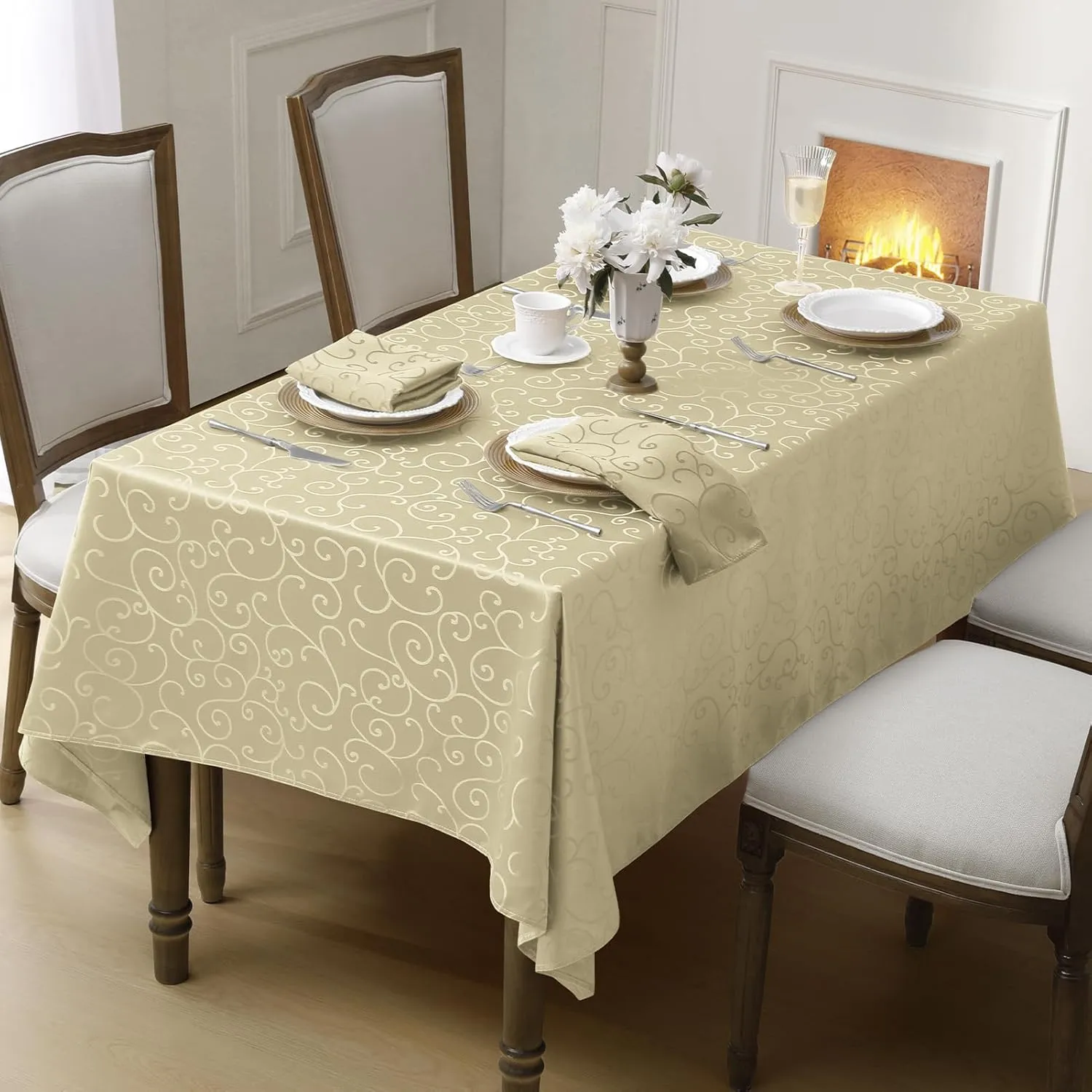 Romanstile Jacquard Rectangle Tablecloth, Waterproof Elegant Damask Curly Floral Pattern Table Cloth, Washable Decorative Polyester Table Cover for Kitchen/Dining/Parties - Beige, 52 x 70 Inch