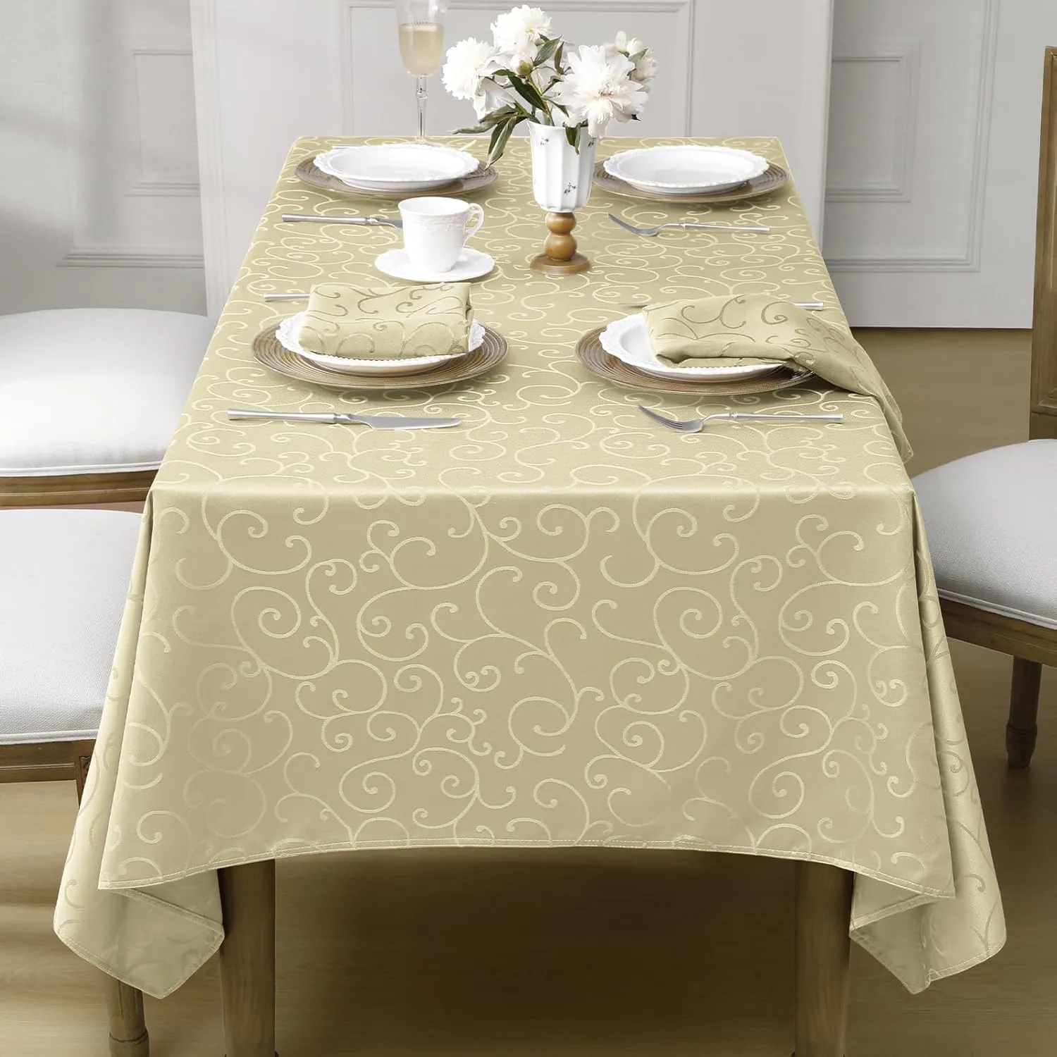 Romanstile Jacquard Rectangle Tablecloth, Waterproof Elegant Damask Curly Floral Pattern Table Cloth, Washable Decorative Polyester Table Cover for Kitchen/Dining/Parties - Beige, 52 x 70 Inch