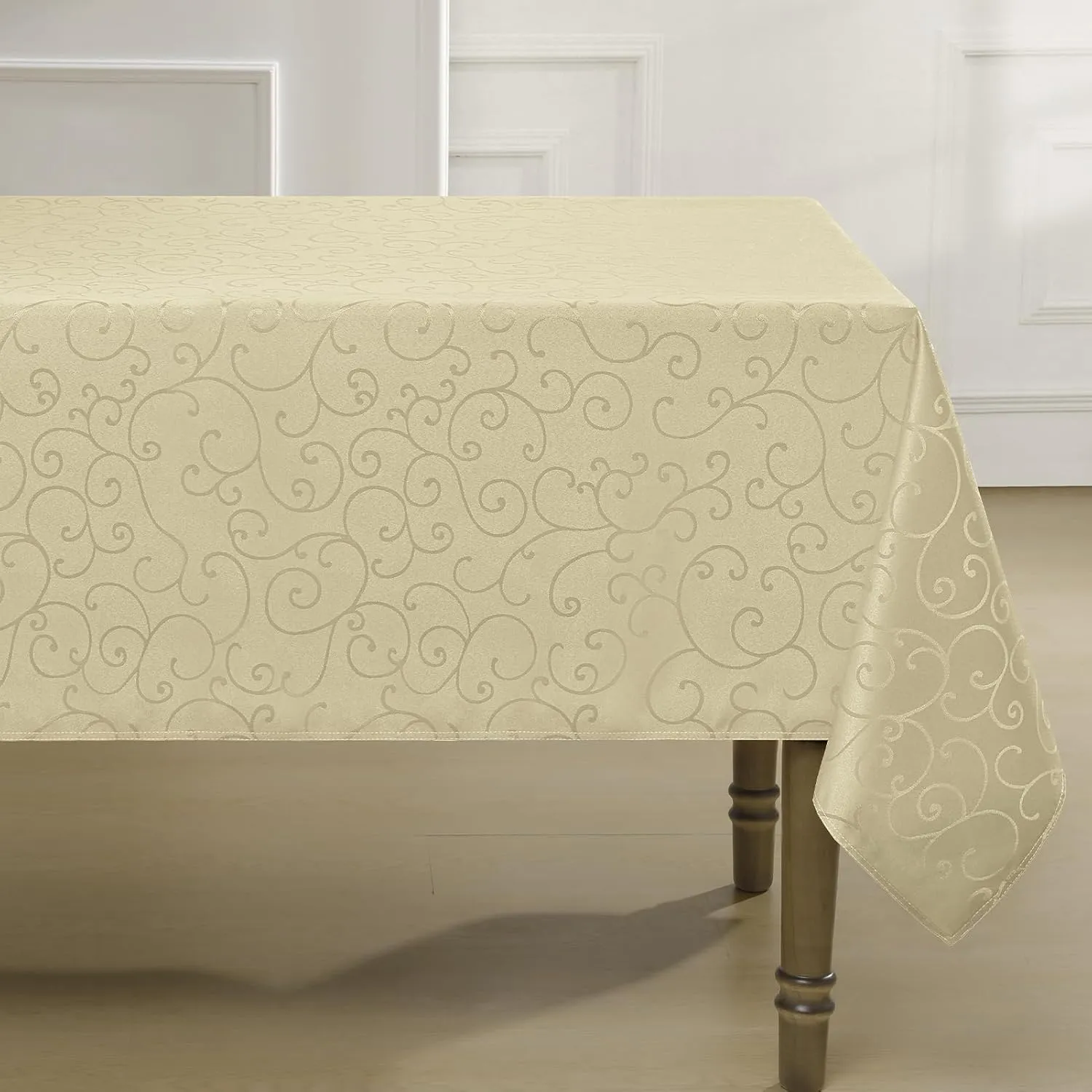 Romanstile Jacquard Rectangle Tablecloth, Waterproof Elegant Damask Curly Floral Pattern Table Cloth, Washable Decorative Polyester Table Cover for Kitchen/Dining/Parties - Beige, 52 x 70 Inch
