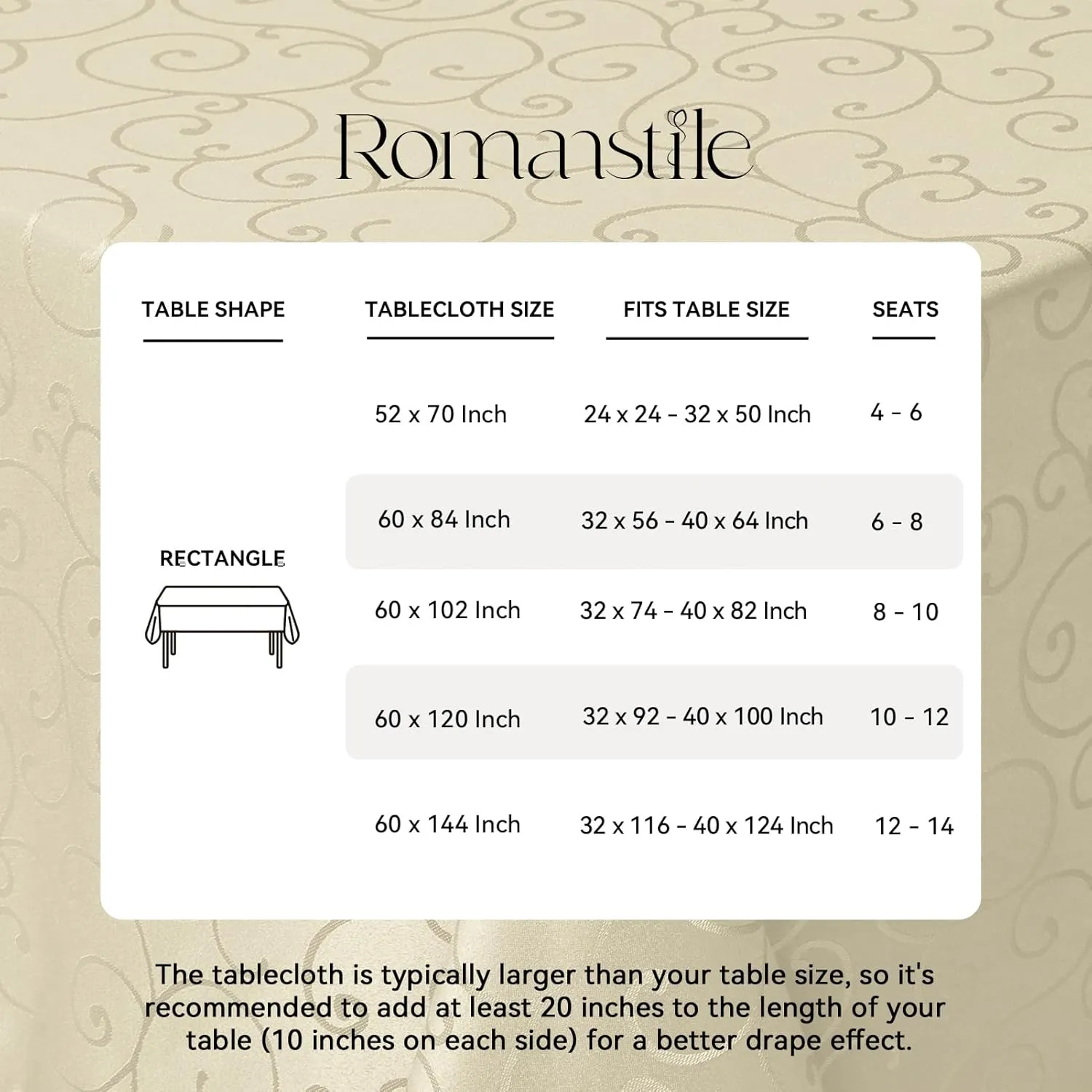 Romanstile Jacquard Rectangle Tablecloth, Waterproof Elegant Damask Curly Floral Pattern Table Cloth, Washable Decorative Polyester Table Cover for Kitchen/Dining/Parties - Beige, 52 x 70 Inch