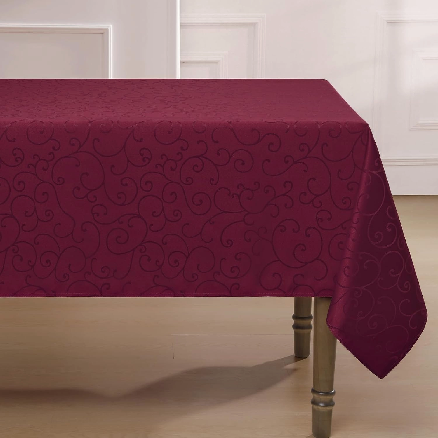 Romanstile Christmas Jacquard Rectangle Tablecloth - Burgundy Waterproof Damask Curly Floral Pattern Decorative Table Cloth, Heavy Weight Fabric Table Cover for Dining/Party/Holiday - 60 x 84 Inch