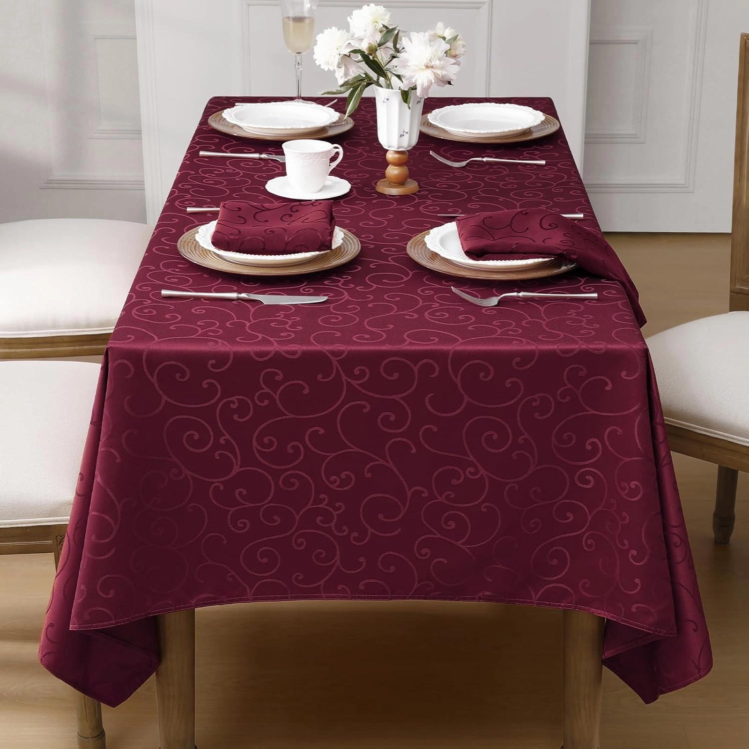 Romanstile Christmas Jacquard Rectangle Tablecloth - Burgundy Waterproof Damask Curly Floral Pattern Decorative Table Cloth, Heavy Weight Fabric Table Cover for Dining/Party/Holiday - 60 x 84 Inch