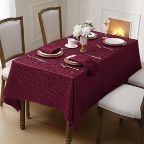 Romanstile Christmas Jacquard Rectangle Tablecloth - Burgundy Waterproof Damask Curly Floral Pattern Decorative Table Cloth, Heavy Weight Fabric Table Cover for Dining/Party/Holiday - 60 x 84 Inch