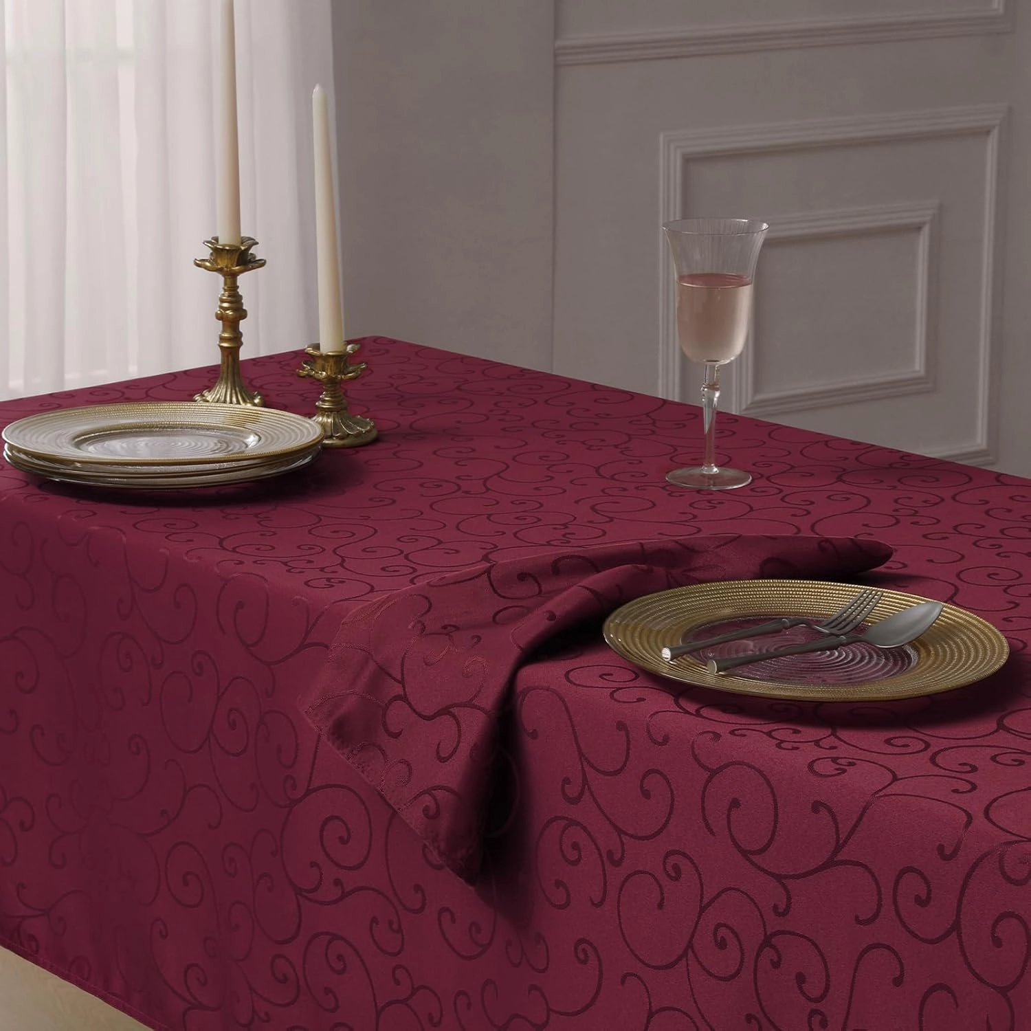 Romanstile Christmas Jacquard Rectangle Tablecloth - Burgundy Waterproof Damask Curly Floral Pattern Decorative Table Cloth, Heavy Weight Fabric Table Cover for Dining/Party/Holiday - 60 x 84 Inch