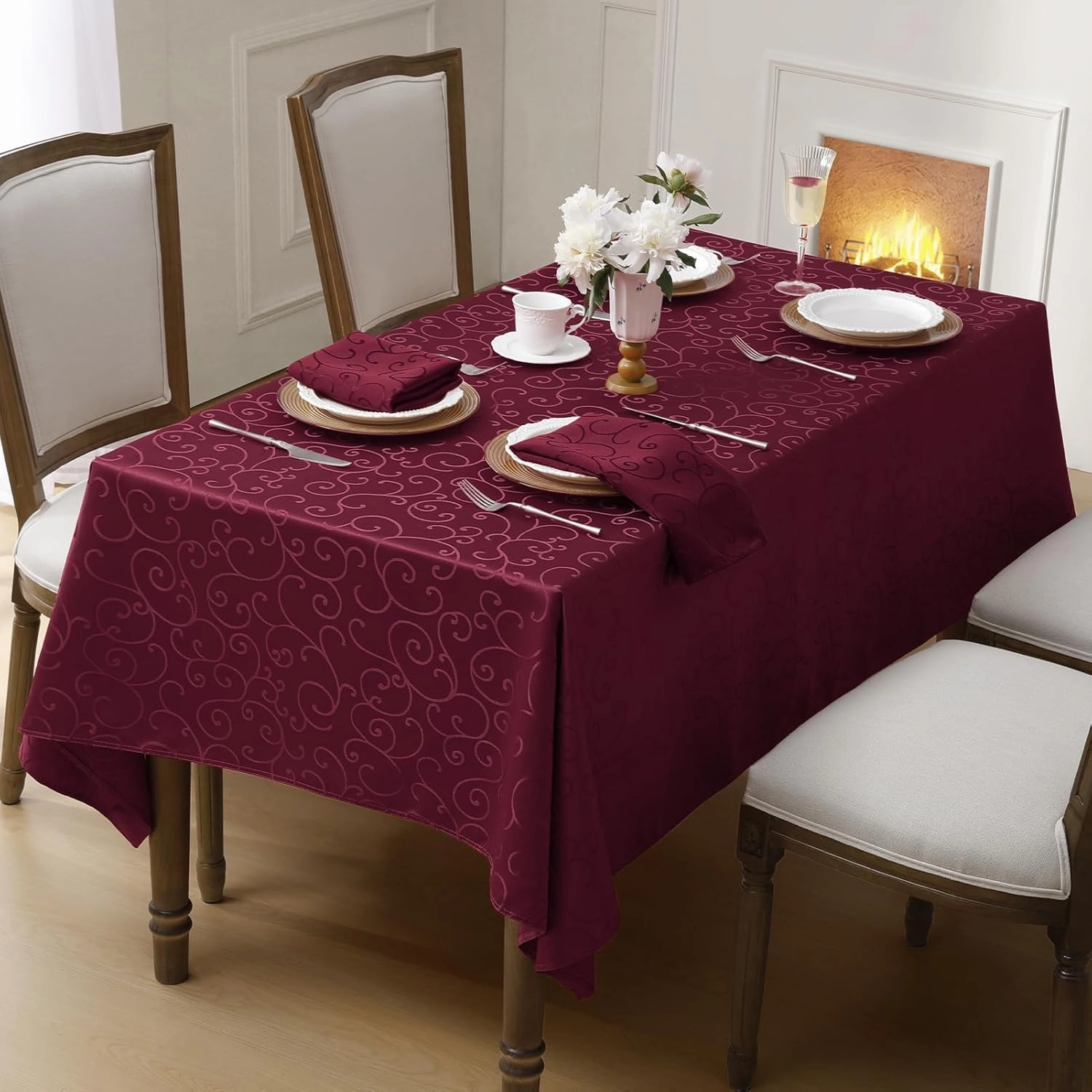 Romanstile Christmas Jacquard Rectangle Tablecloth - Burgundy Waterproof Damask Curly Floral Pattern Decorative Table Cloth, Heavy Weight Fabric Table Cover for Dining/Party/Holiday - 60 x 84 Inch