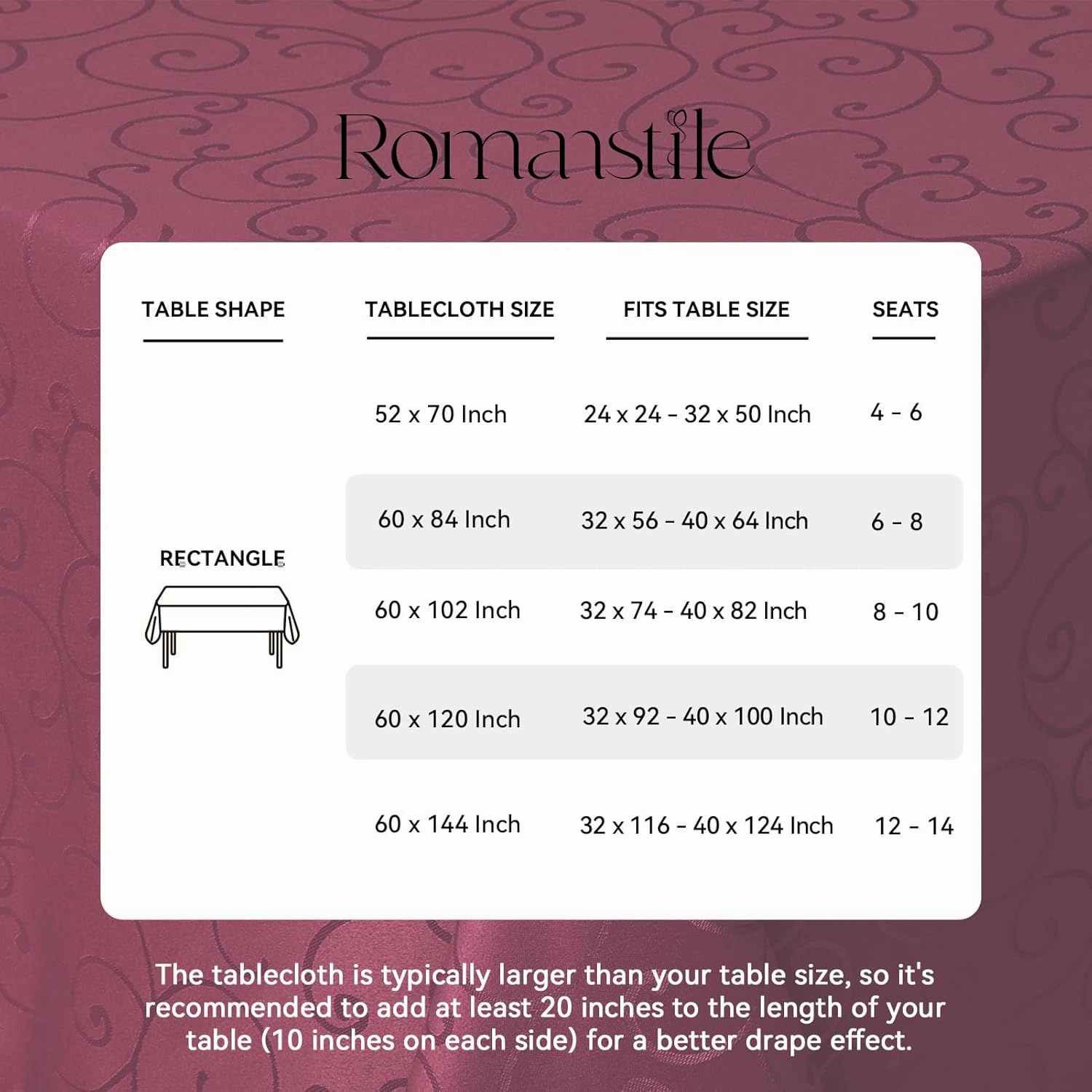 Romanstile Christmas Jacquard Rectangle Tablecloth - Burgundy Waterproof Damask Curly Floral Pattern Decorative Table Cloth, Heavy Weight Fabric Table Cover for Dining/Party/Holiday - 60 x 84 Inch