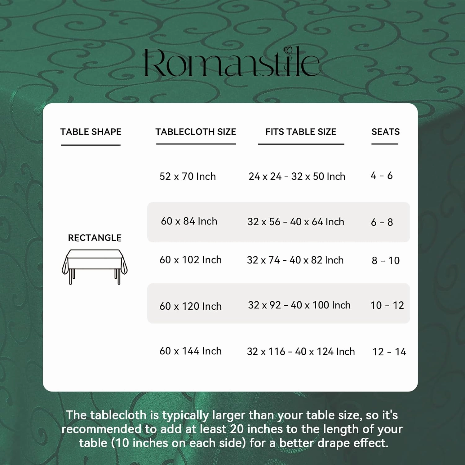 Romanstile Christmas Jacquard Rectangle Tablecloth - Green Waterproof Damask Curly Floral Pattern Decorative Table Cloth, Heavy Weight Fabric Table Cover for Dining/Party/Holiday - 60 x 84 Inch