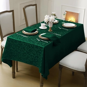 Romanstile Christmas Jacquard Rectangle Tablecloth - Green Waterproof Damask Curly Floral Pattern Decorative Table Cloth, Heavy Weight Fabric Table Cover for Dining/Party/Holiday - 60 x 84 Inch