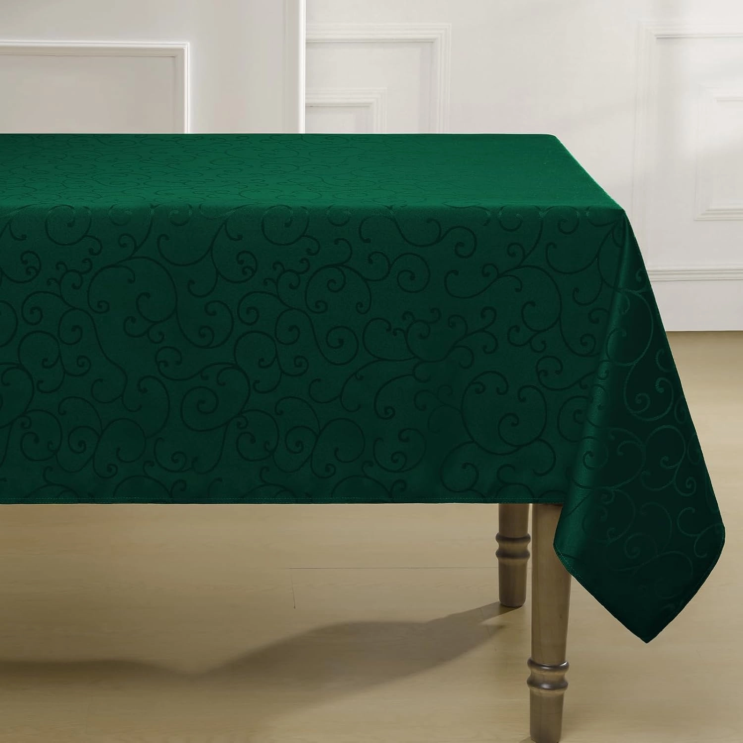 Romanstile Christmas Jacquard Rectangle Tablecloth - Green Waterproof Damask Curly Floral Pattern Decorative Table Cloth, Heavy Weight Fabric Table Cover for Dining/Party/Holiday - 60 x 84 Inch