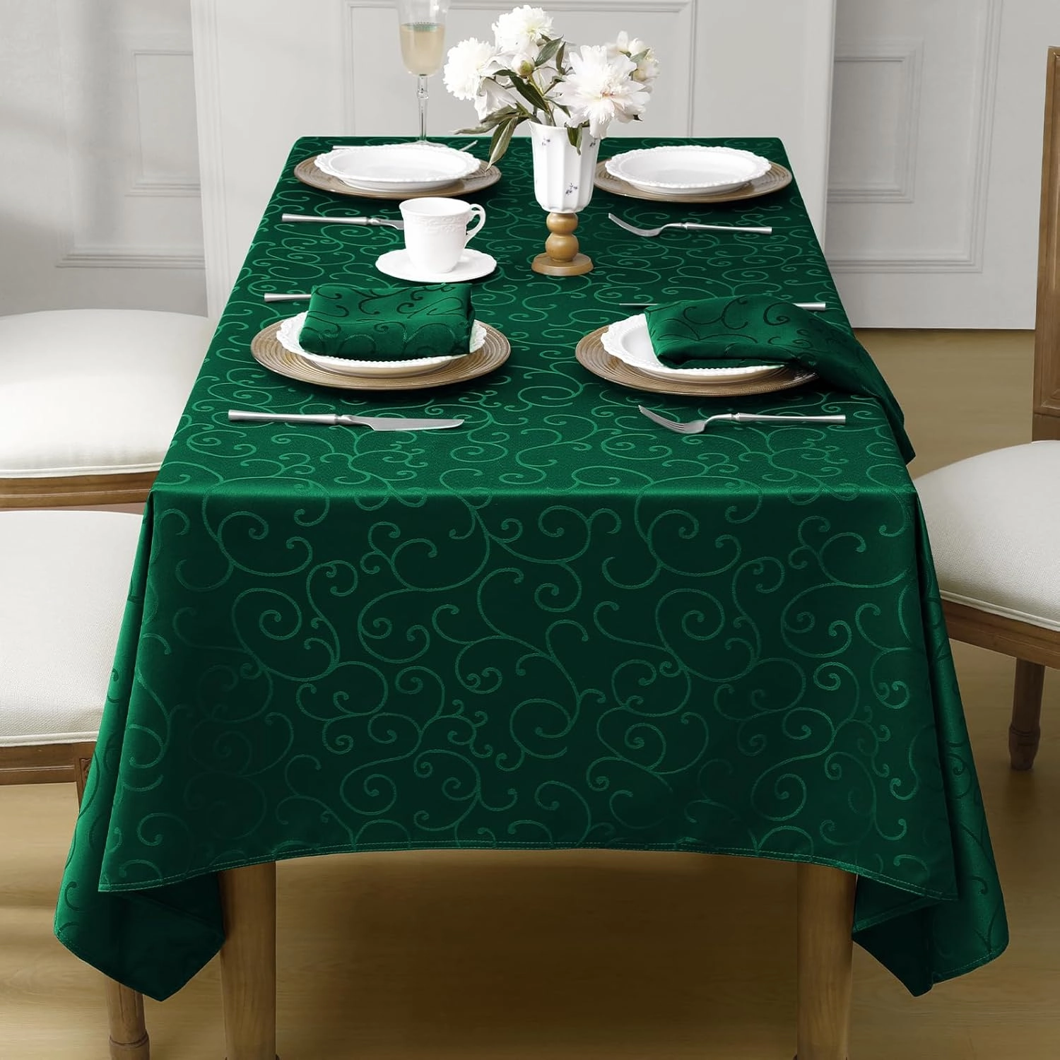 Romanstile Christmas Jacquard Rectangle Tablecloth - Green Waterproof Damask Curly Floral Pattern Decorative Table Cloth, Heavy Weight Fabric Table Cover for Dining/Party/Holiday - 60 x 84 Inch