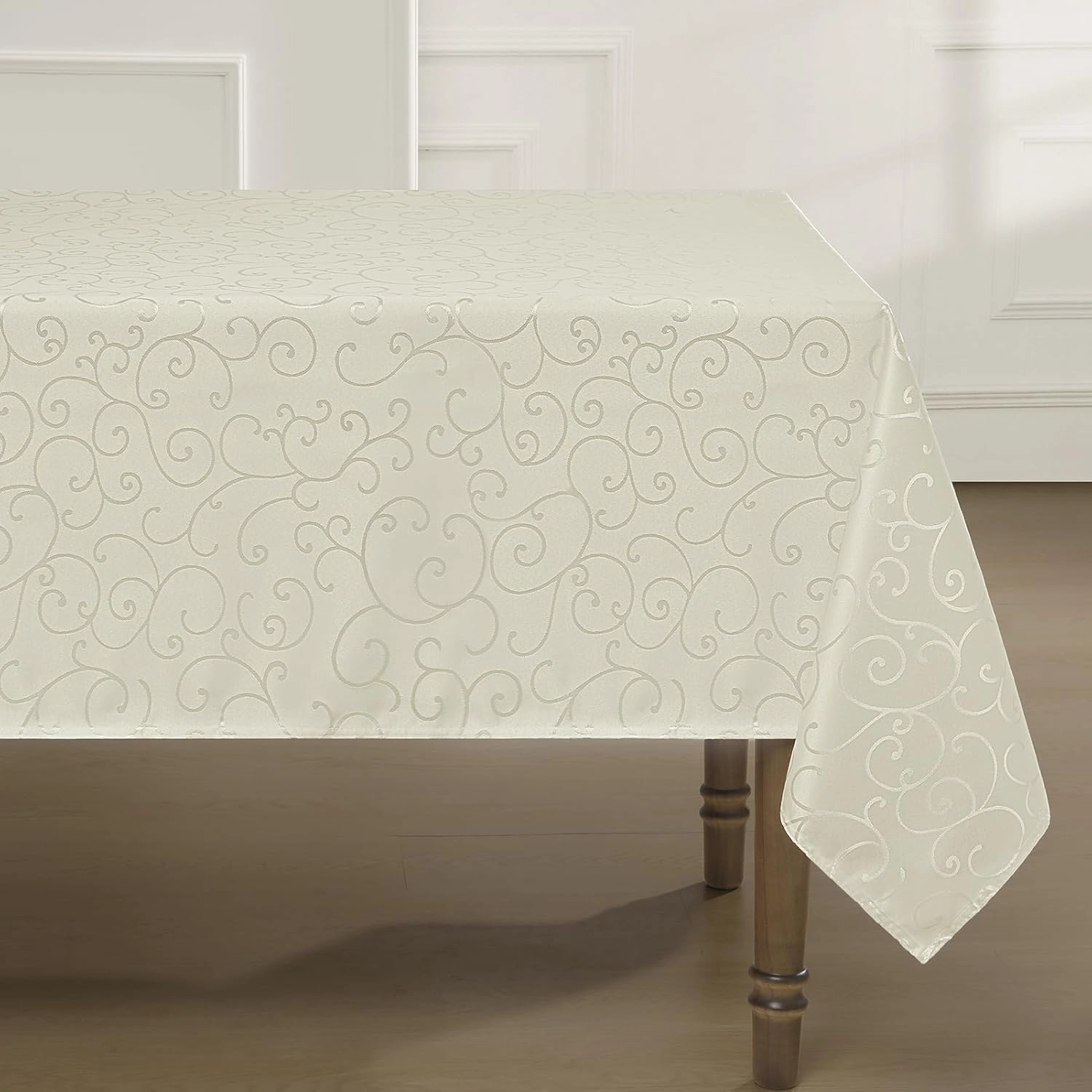 Romanstile Jacquard Rectangle Tablecloth, Waterproof Elegant Damask Curly Floral Pattern Table Cloth, Washable Decorative Polyester Table Cover for Kitchen/Dining/Parties - Ivory/Cream, 52 x 70 Inch