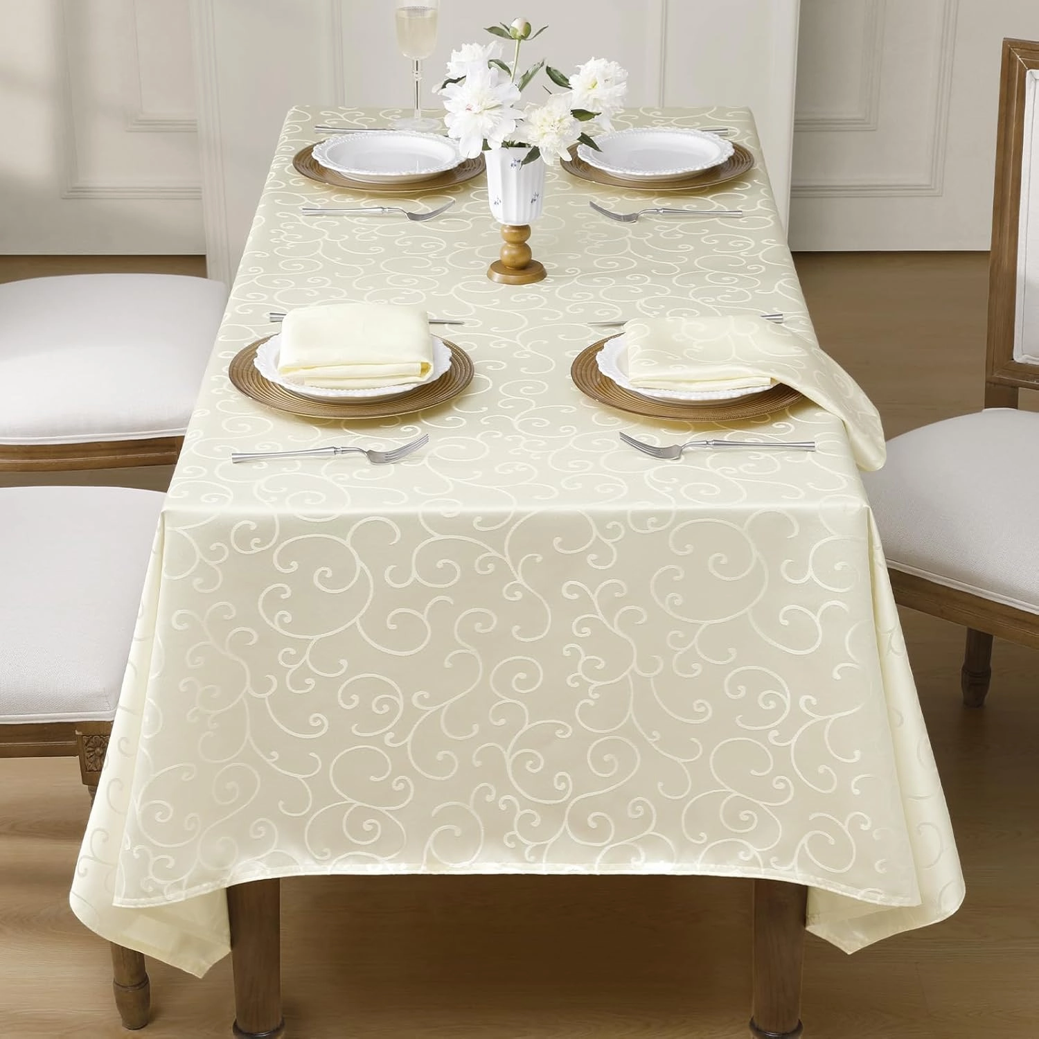 Romanstile Jacquard Rectangle Tablecloth, Waterproof Elegant Damask Curly Floral Pattern Table Cloth, Washable Decorative Polyester Table Cover for Kitchen/Dining/Parties - Ivory/Cream, 52 x 70 Inch