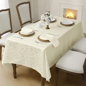 Romanstile Jacquard Rectangle Tablecloth, Waterproof Elegant Damask Curly Floral Pattern Table Cloth, Washable Decorative Polyester Table Cover for Kitchen/Dining/Parties - Ivory/Cream, 52 x 70 Inch