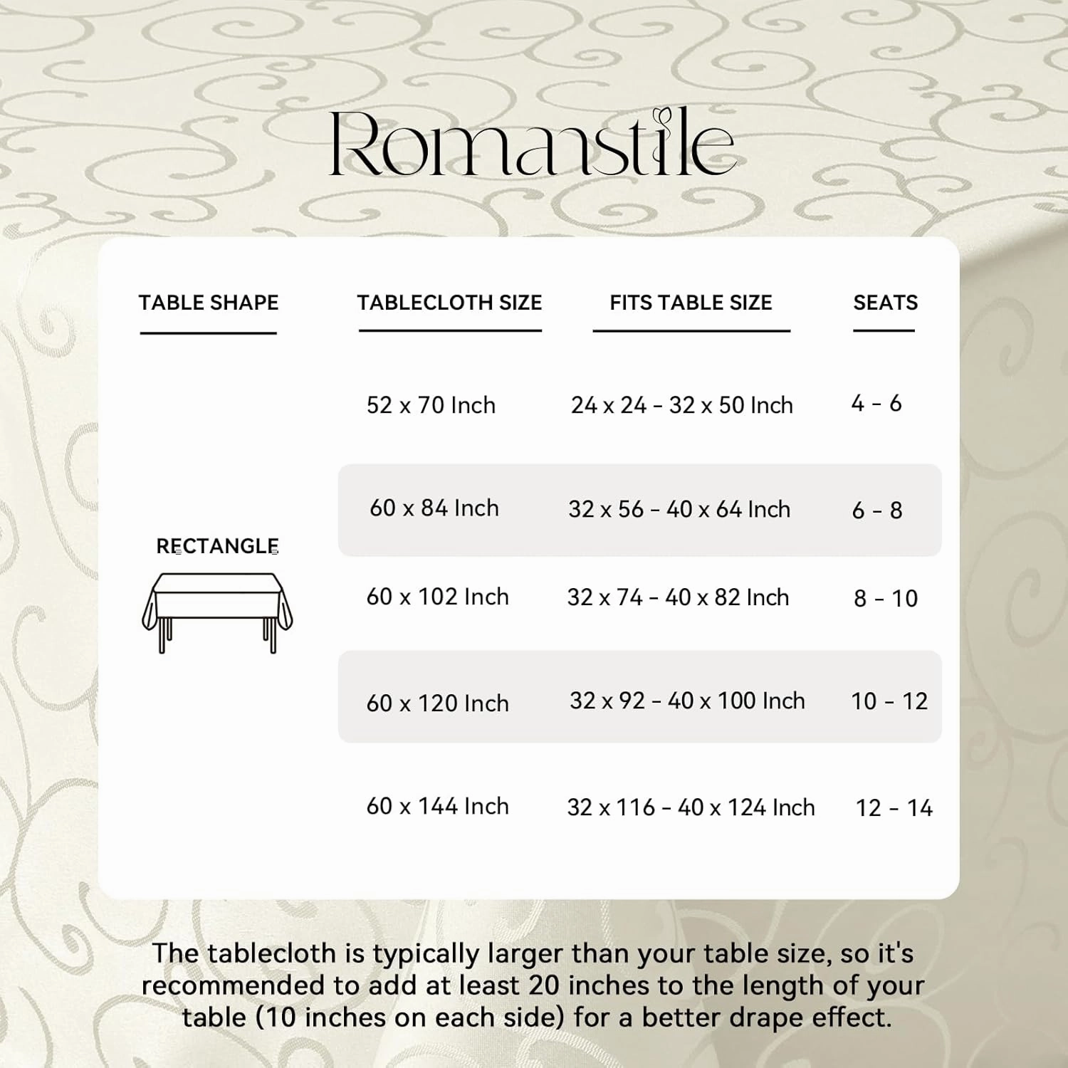 Romanstile Jacquard Rectangle Tablecloth, Waterproof Elegant Damask Curly Floral Pattern Table Cloth, Washable Decorative Polyester Table Cover for Kitchen/Dining/Parties - Ivory/Cream, 52 x 70 Inch