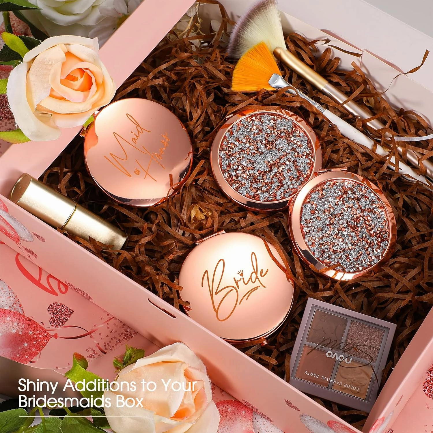 Roowest 8 Pcs Bridesmaid Compact Mirrors Bulk Magnifying Makeup Bridesmaid Gifts Set Double Sided for Purse Pocket for Bridal Shower Thank You Gifts Women Wedding Party Favors(Rose Gold)