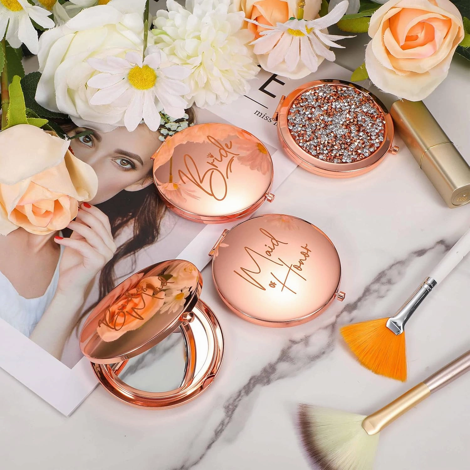 Roowest 8 Pcs Bridesmaid Compact Mirrors Bulk Magnifying Makeup Bridesmaid Gifts Set Double Sided for Purse Pocket for Bridal Shower Thank You Gifts Women Wedding Party Favors(Rose Gold)