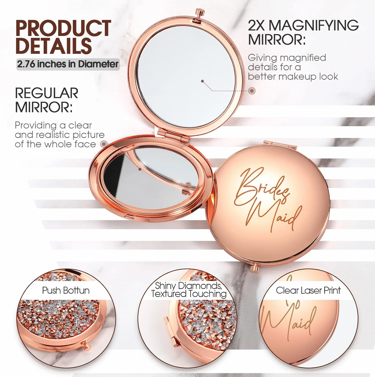 Roowest 8 Pcs Bridesmaid Compact Mirrors Bulk Magnifying Makeup Bridesmaid Gifts Set Double Sided for Purse Pocket for Bridal Shower Thank You Gifts Women Wedding Party Favors(Rose Gold)