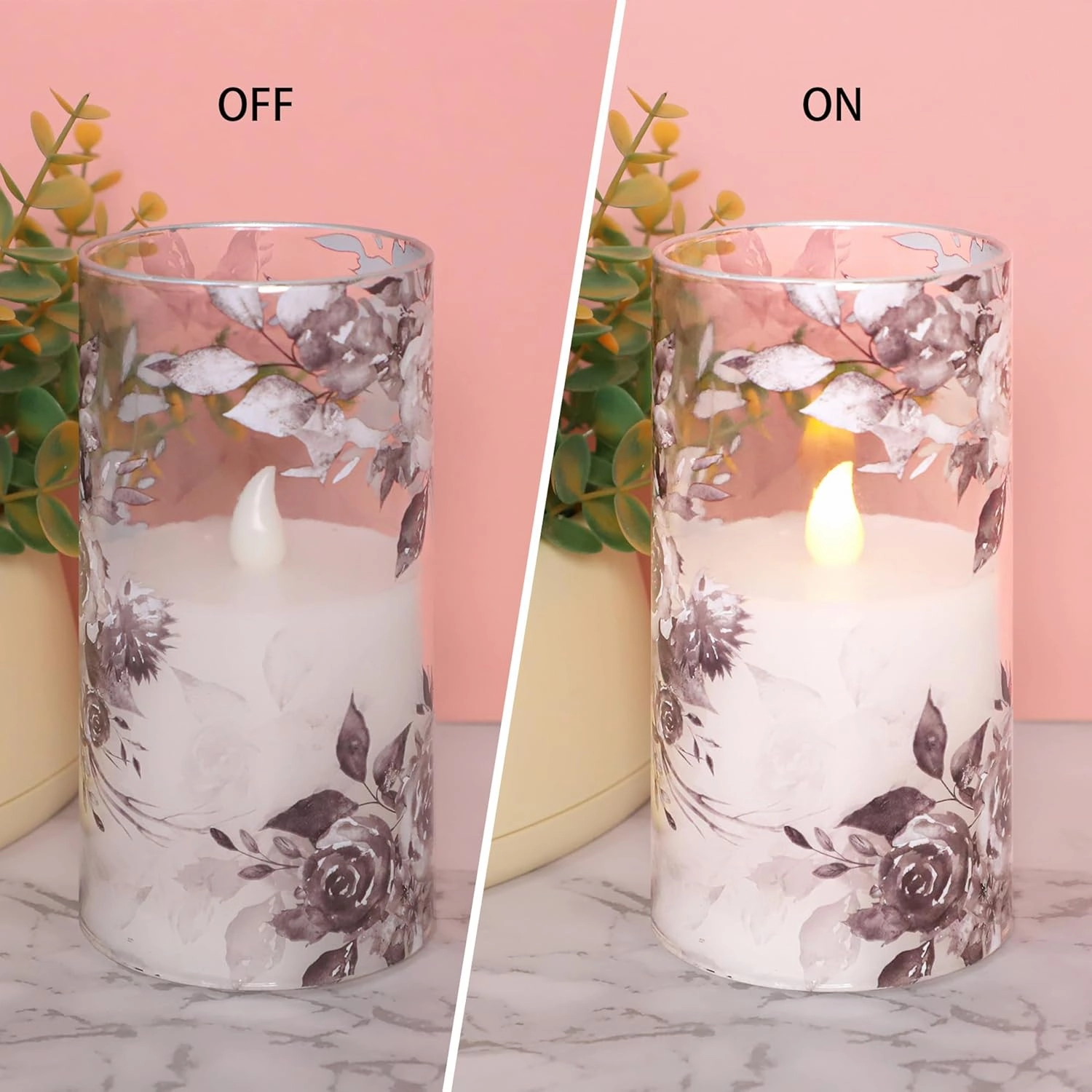 Rose LED Flameless Glass Candles Set with Remote Control & Timer Function - Floral Design Battery Operated Candles - Home Farmhouse Holiday Spring Easter Decorations - Set of 3 (D3 X H4 5" 6")