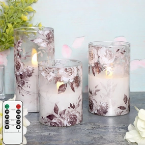 Rose LED Flameless Glass Candles Set with Remote Control & Timer Function - Floral Design Battery Operated Candles - Home Farmhouse Holiday Spring Easter Decorations - Set of 3 (D3 X H4 5" 6")