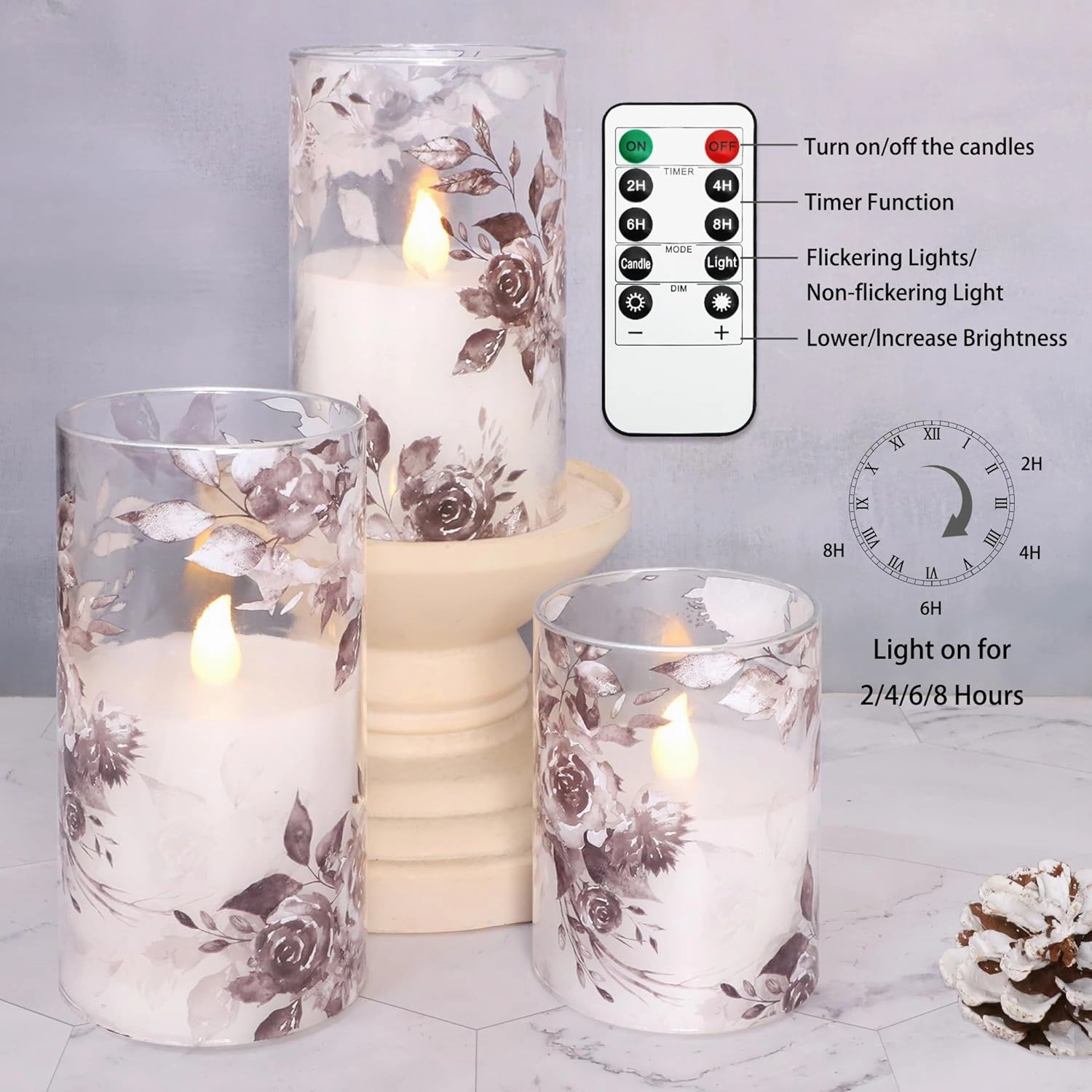 Rose LED Flameless Glass Candles Set with Remote Control & Timer Function - Floral Design Battery Operated Candles - Home Farmhouse Holiday Spring Easter Decorations - Set of 3 (D3 X H4 5" 6")